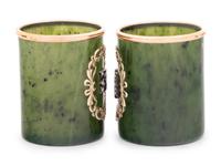 A Pair of Russian 14-Karat Gold and Diamond Mounted Jade Cordials