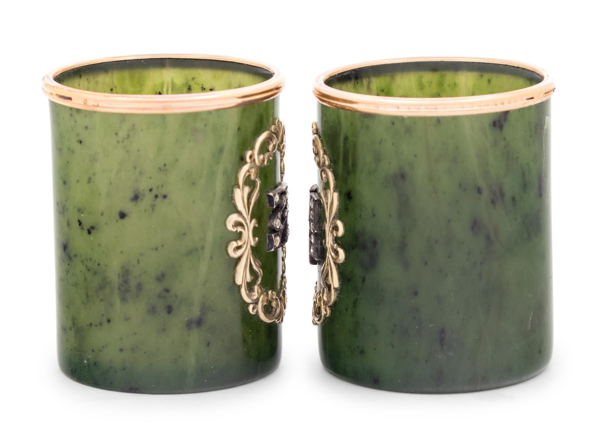 A Pair of Russian 14-Karat Gold and Diamond Mounted Jade Cordials