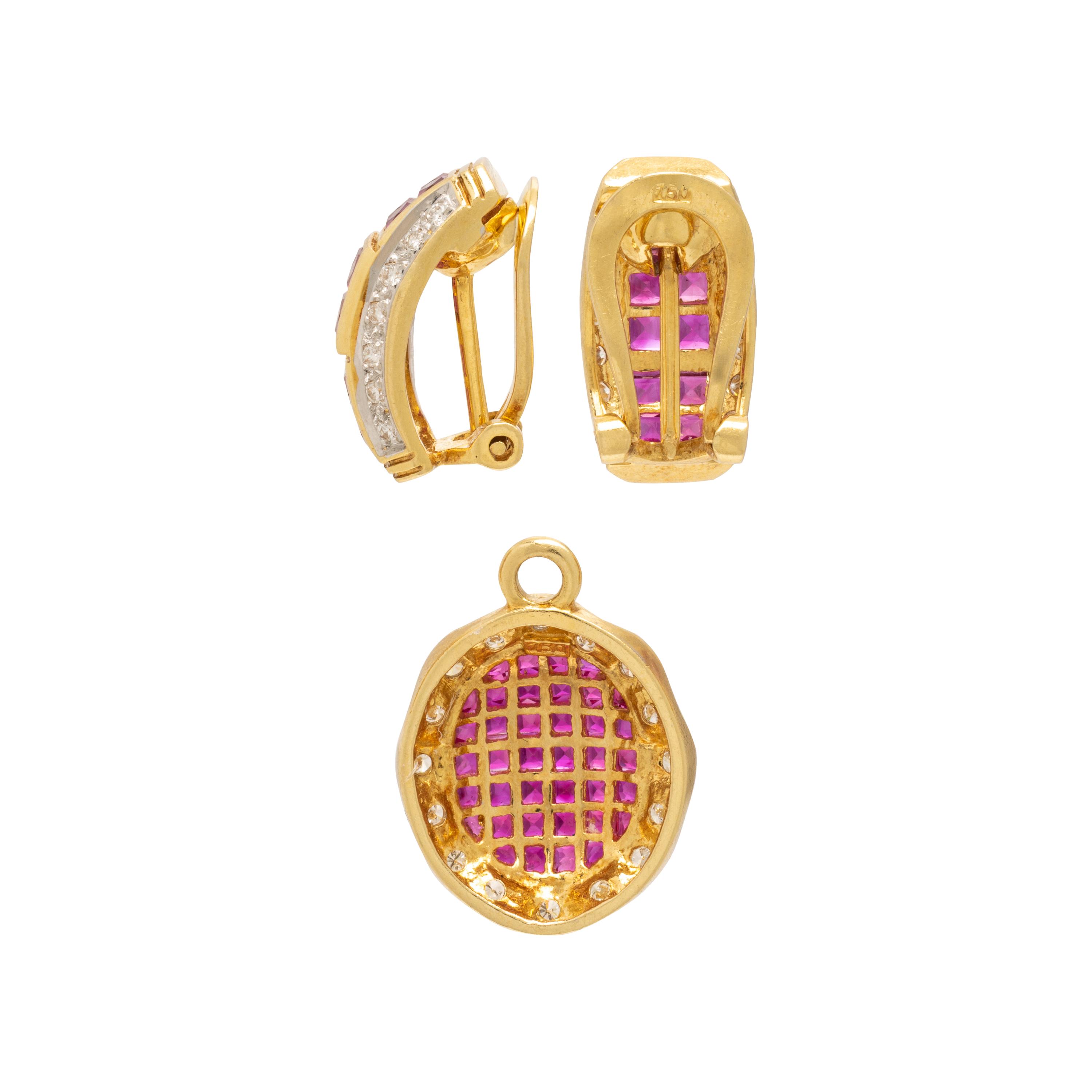 Ruby, Diamond, and Yellow Gold Earrings and Pendant