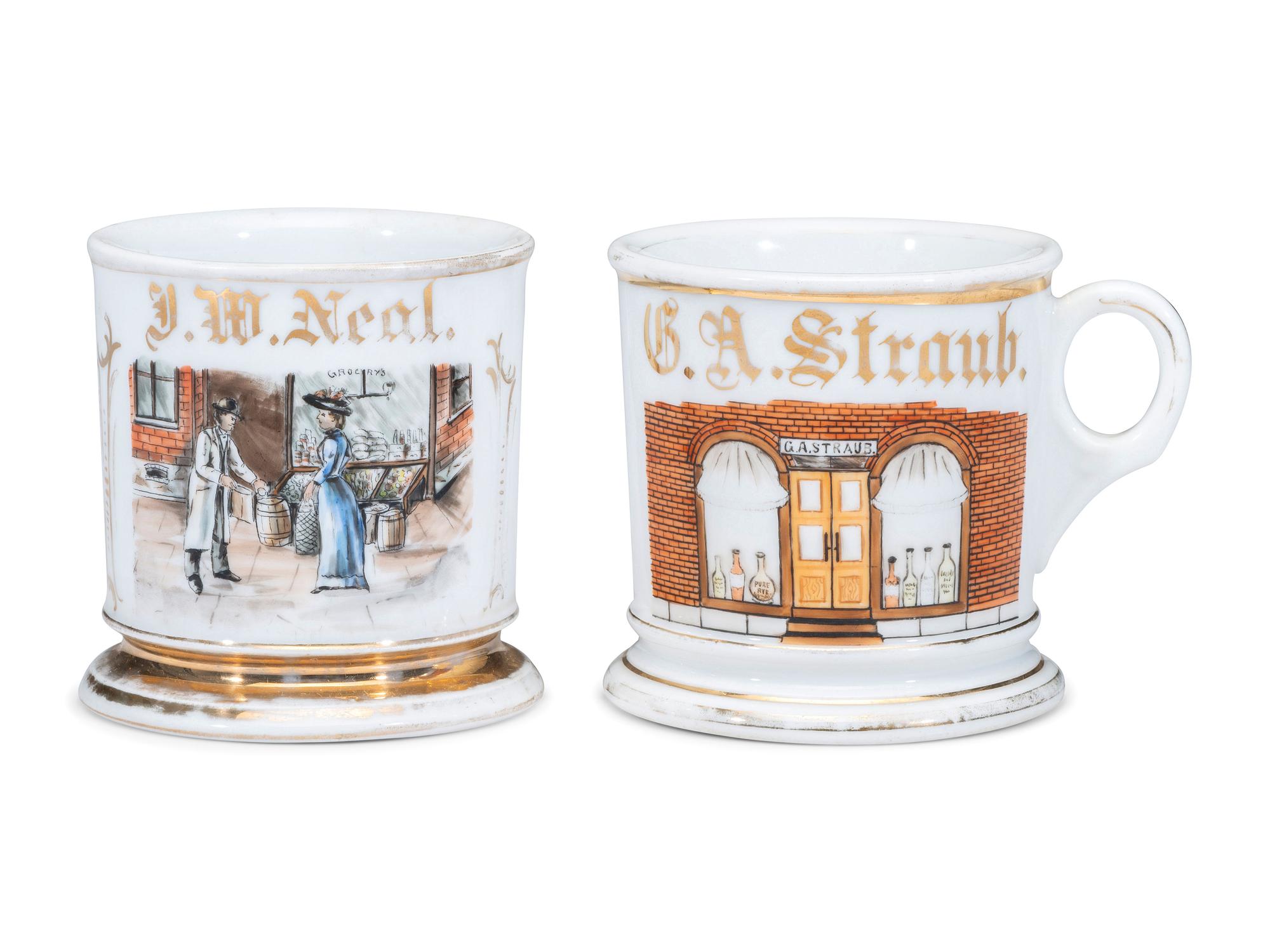 Two Store Proprietor's Porcelain Occupational Shaving Mugs