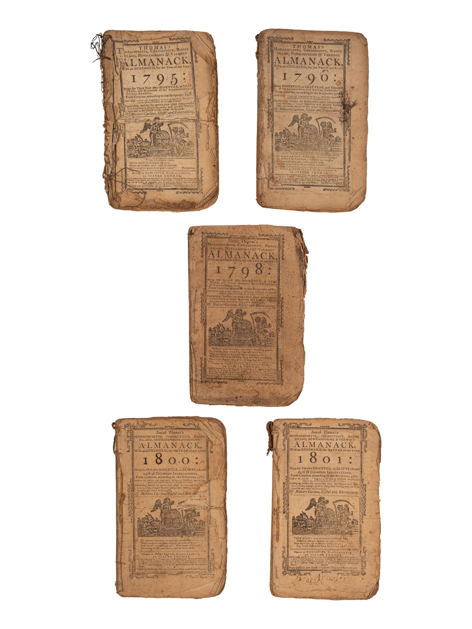 [ALMANAC - WORCESTER, MA]. THOMAS, Isaiah (1749-1831). A group of 5 almanacks, all published in Worcester, Massachusetts by Isaiah Thomas, comprising: