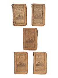 [ALMANAC - WORCESTER, MA]. THOMAS, Isaiah (1749-1831). A group of 5 almanacks, all published in Worcester, Massachusetts by Isaiah Thomas, comprising:
