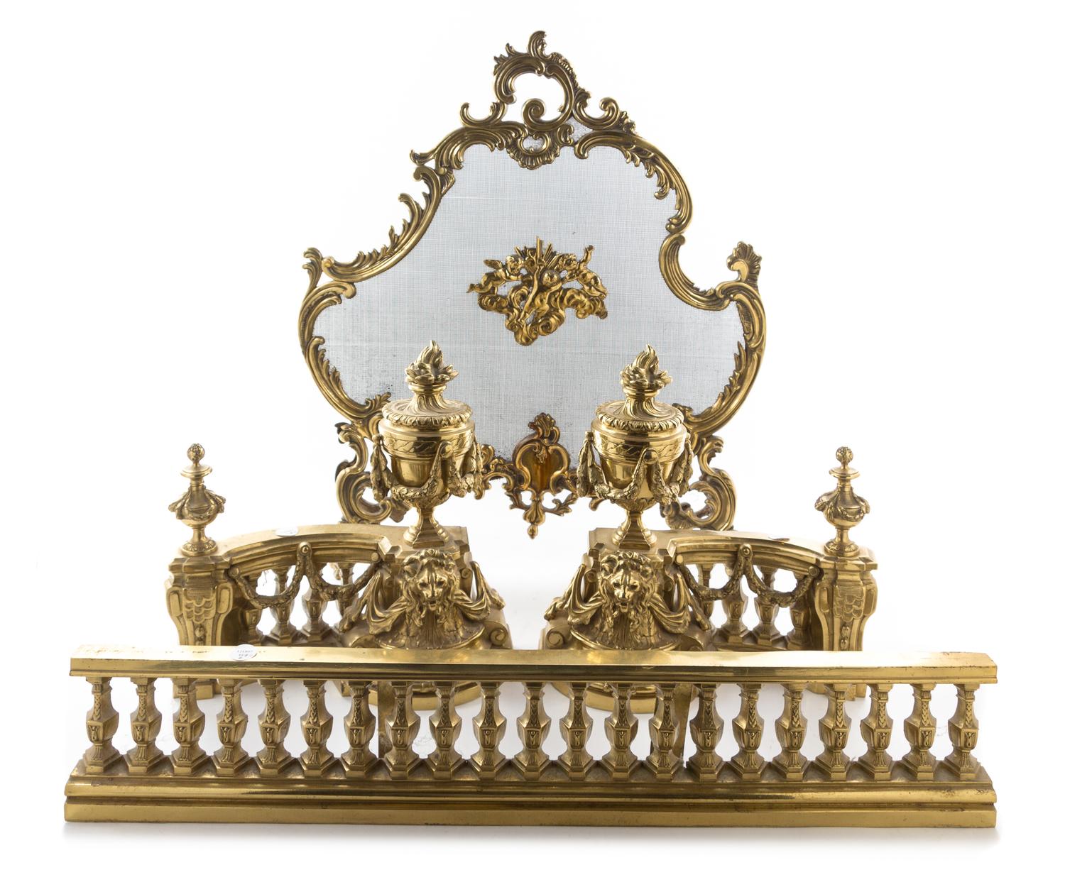 An Assembled Gilt Brass Fireplace Set Height of first 8 1/2 inches. — 19TH/20TH CENTURY