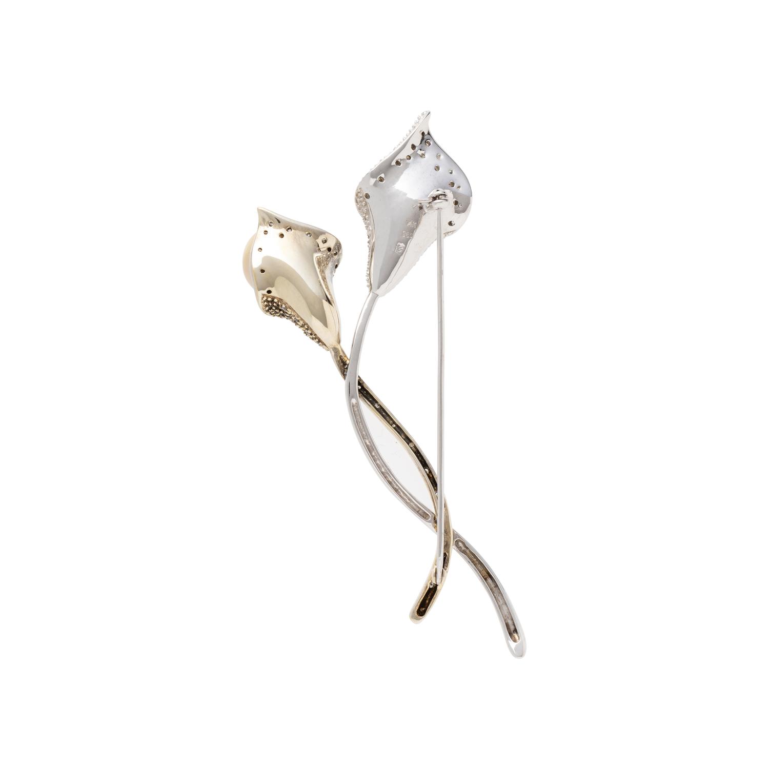 BICOLOR GOLD, CULTURED SOUTH SEA PEARL AND DIAMOND BROOCH