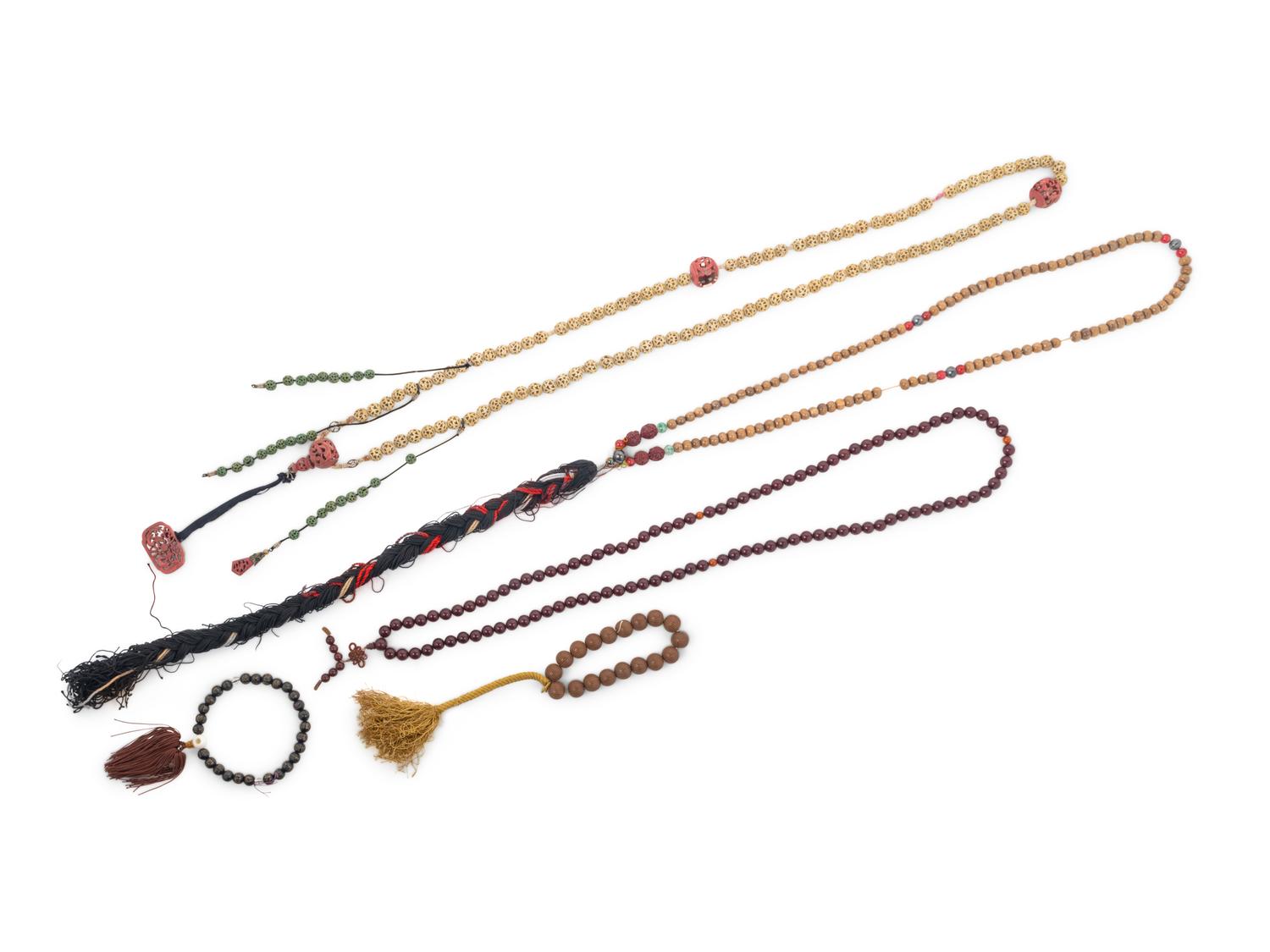 Five Strands of Chinese Hardstone and Wood Prayer Beads