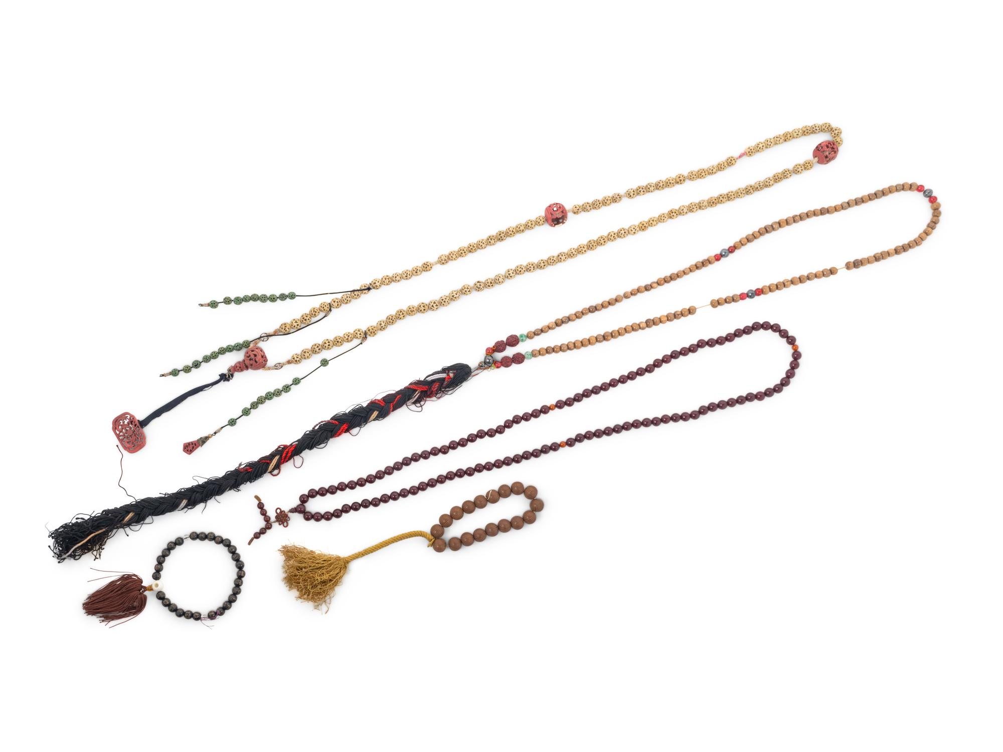 Five Strands of Chinese Hardstone and Wood Prayer Beads