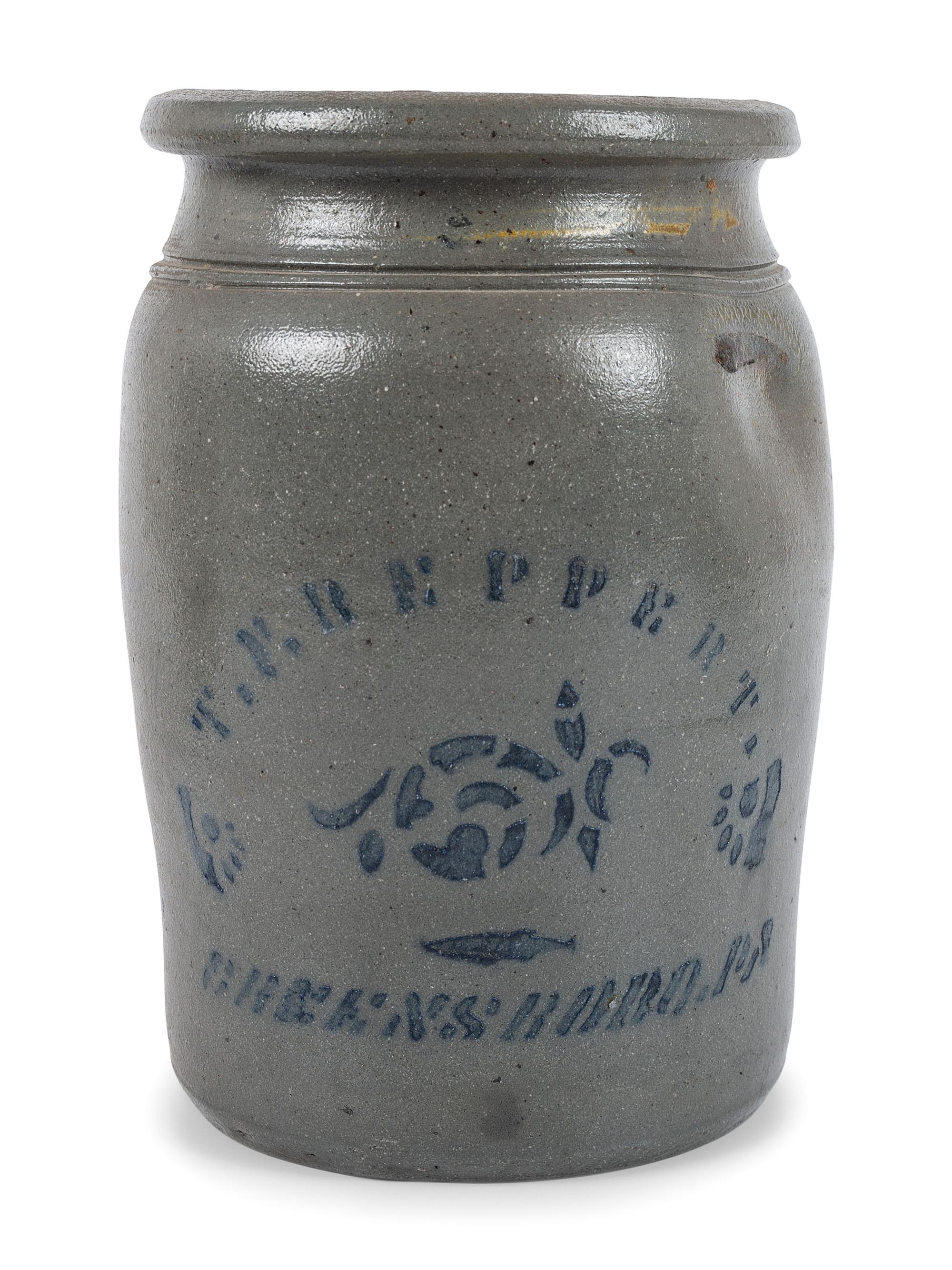 Three Cobalt-Stenciled Stoneware Vessels