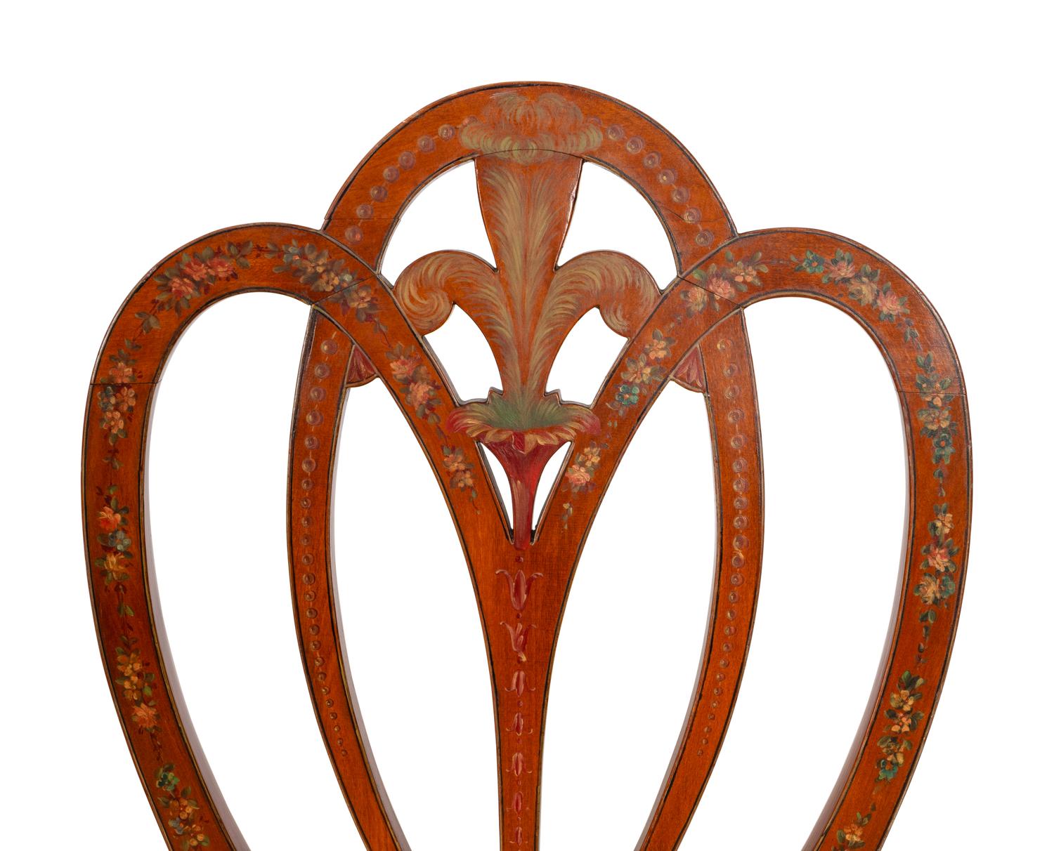 A Pair of Satinwood Shield-Back Paint Decorated Side Chairs