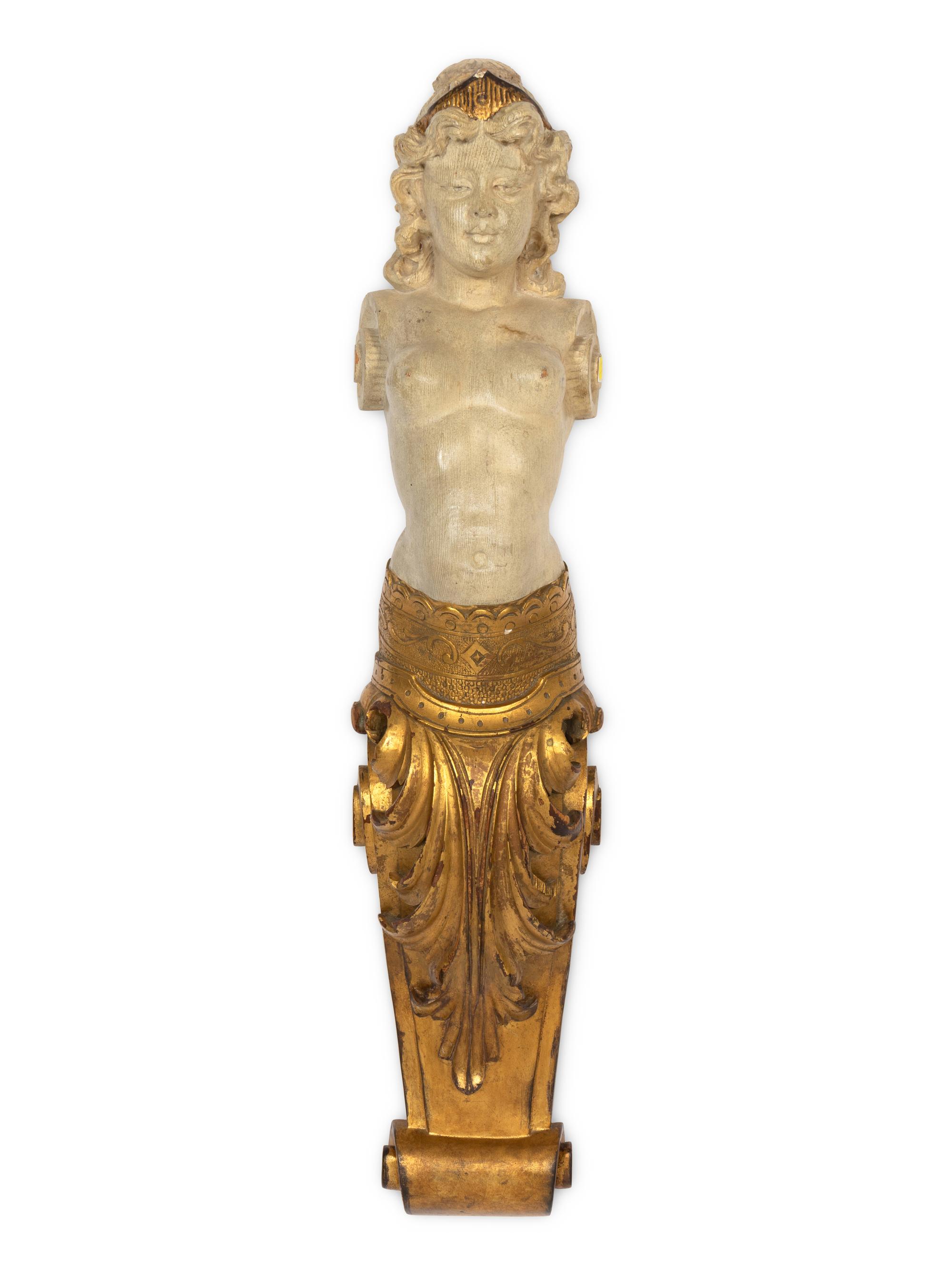 A Pair of Continental Carved Giltwood Caryatid Pilasters