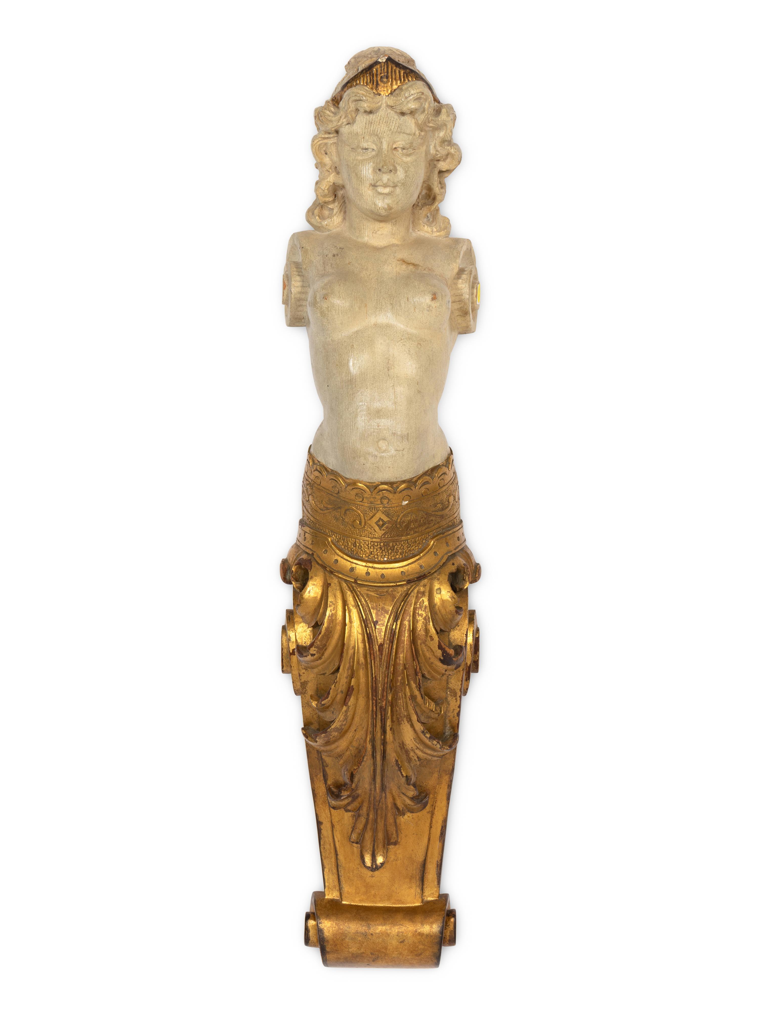 A Pair of Continental Carved Giltwood Caryatid Pilasters