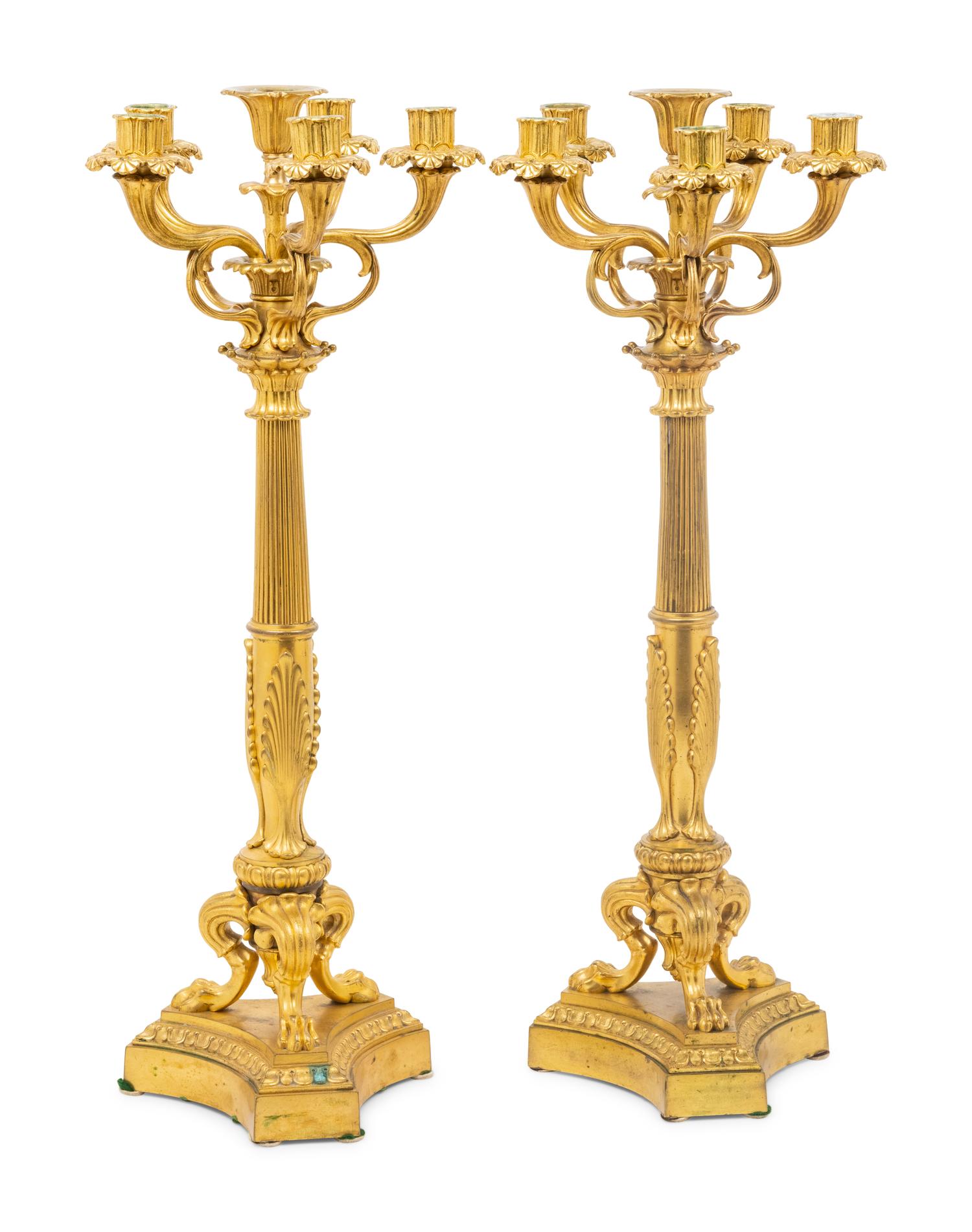 A Pair of Louis XVI Style Gilt Bronze Six-Light Candelabra