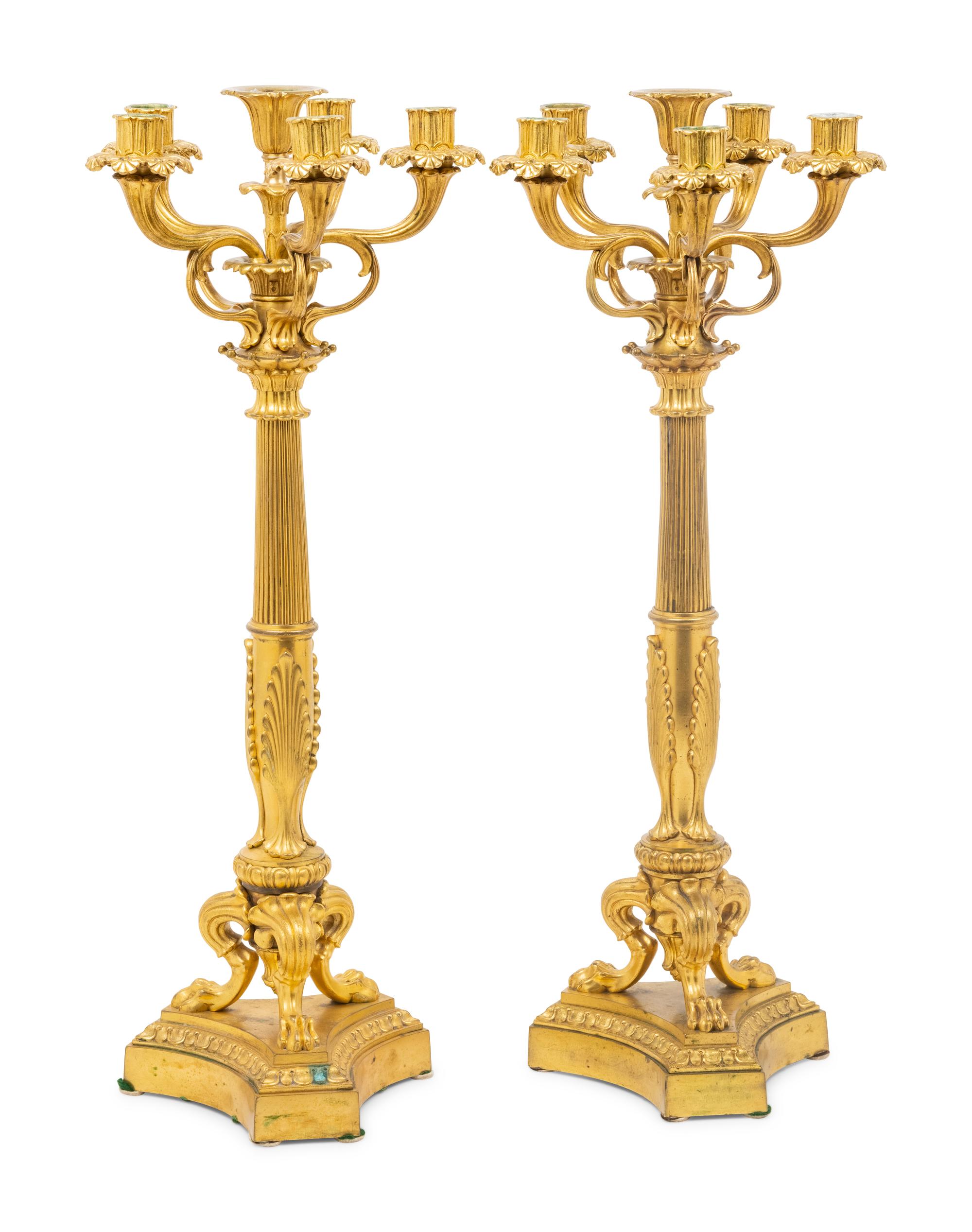 A Pair of Louis XVI Style Gilt Bronze Six-Light Candelabra