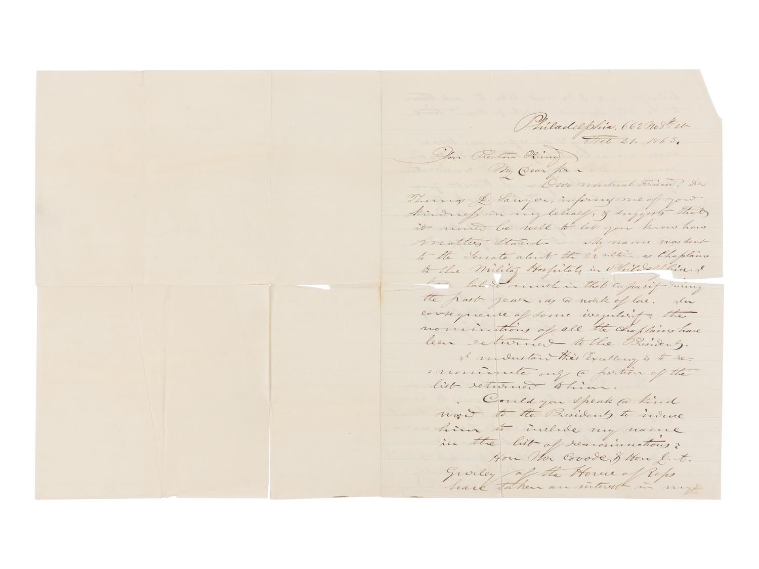[LINCOLN, Abraham (1809-1865)]. SHRIGLEY, James (1813-1895). Autograph letter signed ("James Shrigley") to Preston King with an unsigned endorsement in Lincoln's hand, Philadelphia/[Washington, D.C.], Feb-March 1863.