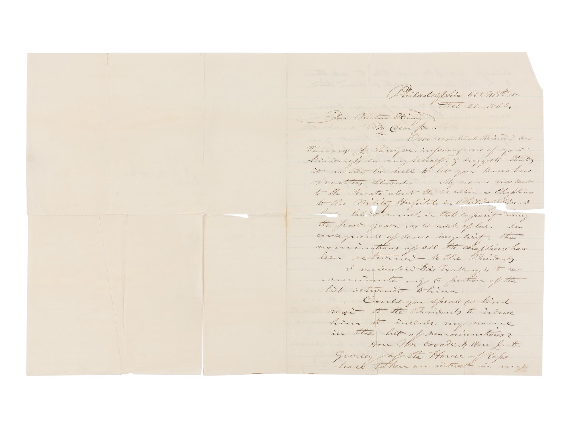 [LINCOLN, Abraham (1809-1865)]. SHRIGLEY, James (1813-1895). Autograph letter signed ("James Shrigley") to Preston King with an unsigned endorsement in Lincoln's hand, Philadelphia/[Washington, D.C.], Feb-March 1863.