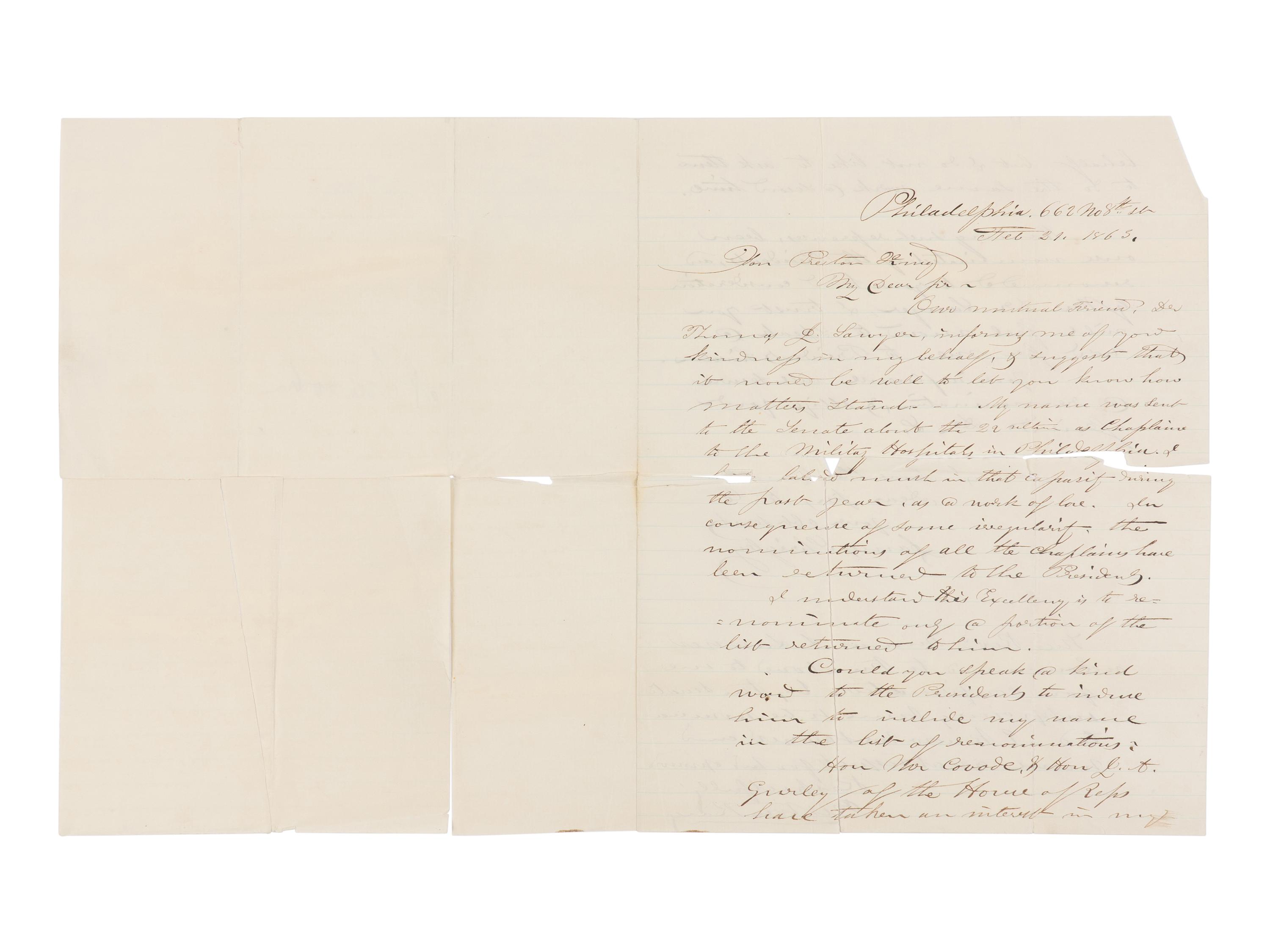 [LINCOLN, Abraham (1809-1865)]. SHRIGLEY, James (1813-1895). Autograph letter signed ("James Shrigley") to Preston King with an unsigned endorsement in Lincoln's hand, Philadelphia/[Washington, D.C.], Feb-March 1863.