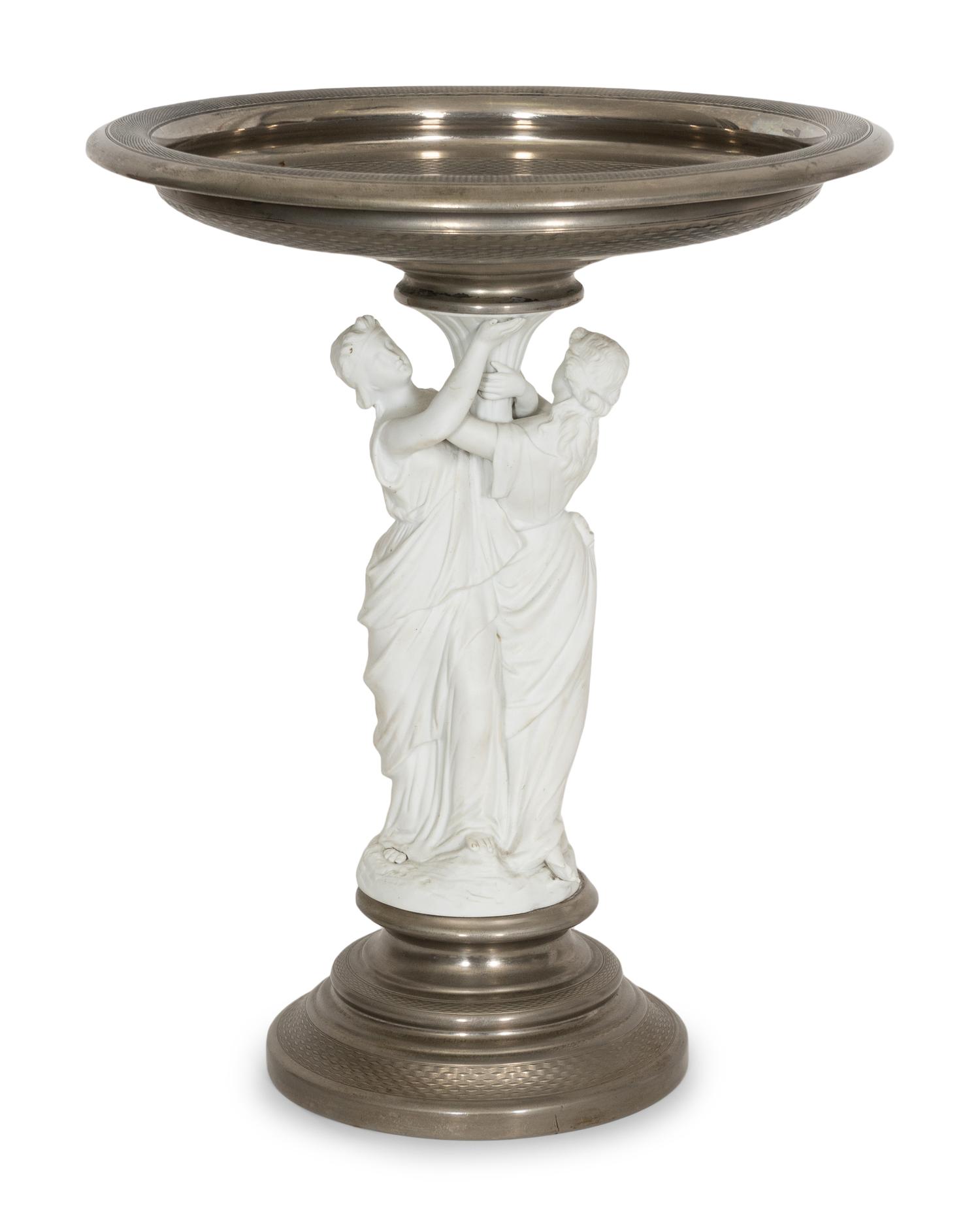 A Large Continental Parian and Silver Plate Figural Tazza