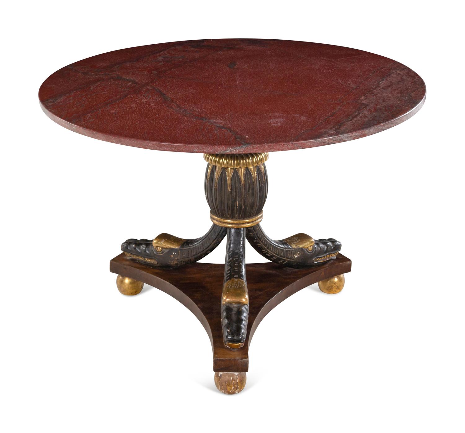 An Italian Painted and Parcel Gilt Marble-Top Center Table with Serpent-Form Supports