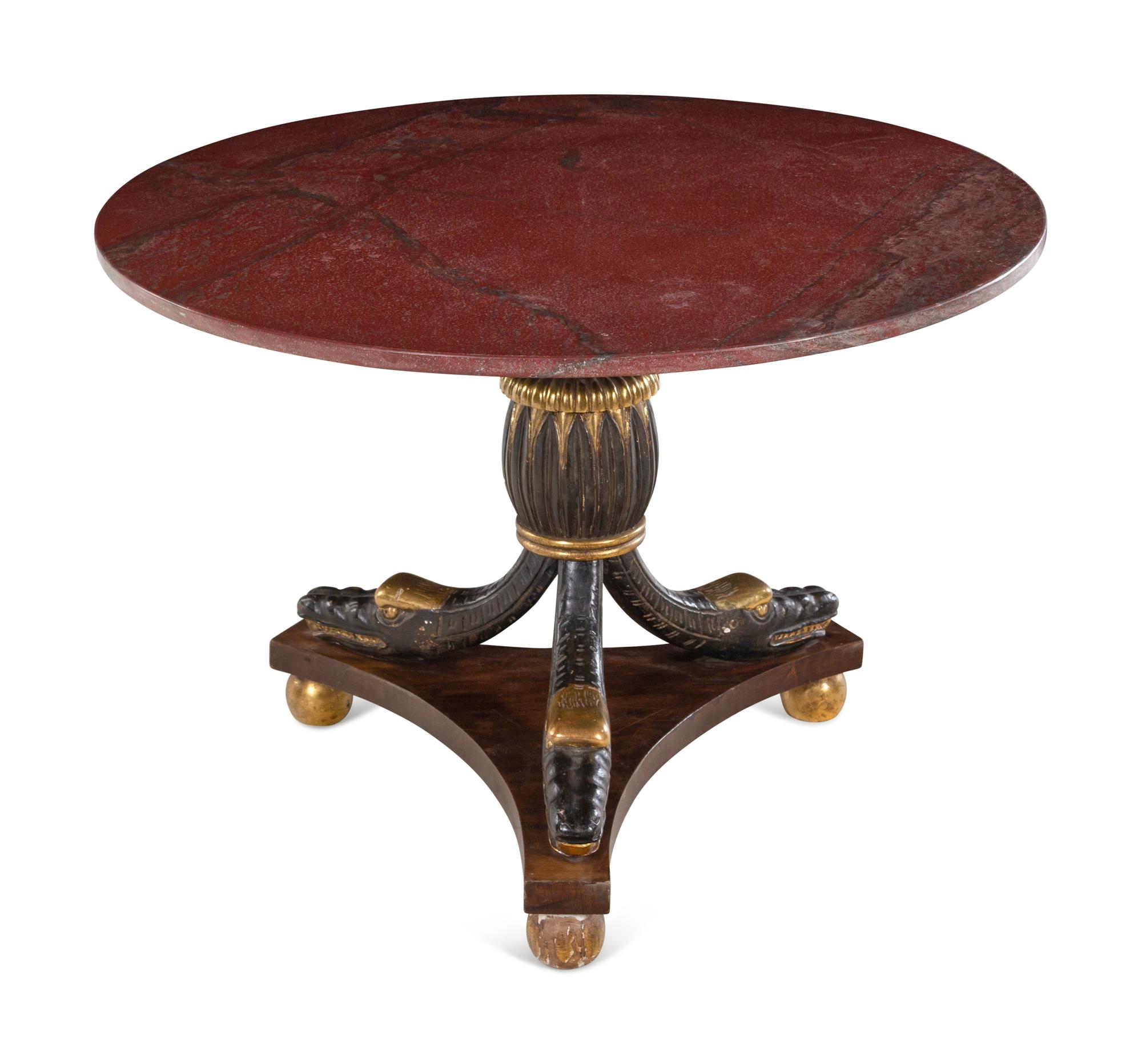 An Italian Painted and Parcel Gilt Marble-Top Center Table with Serpent-Form Supports
