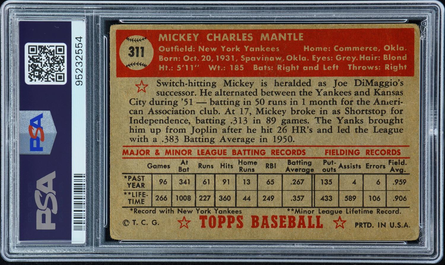 A 1952 Topps Mickey Mantle Rookie Baseball Card No. 311 (PSA 1 MK)