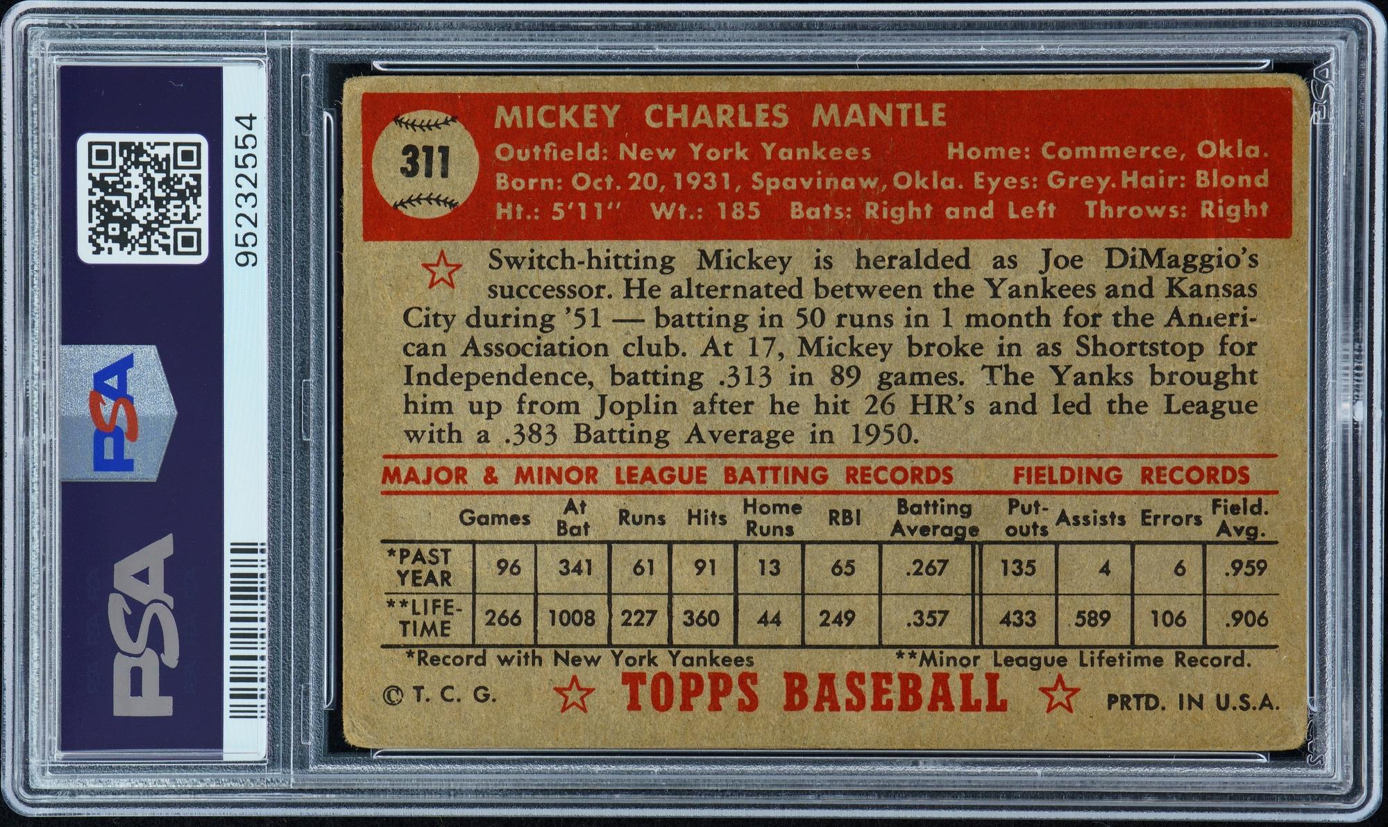A 1952 Topps Mickey Mantle Rookie Baseball Card No. 311 (PSA 1 MK)