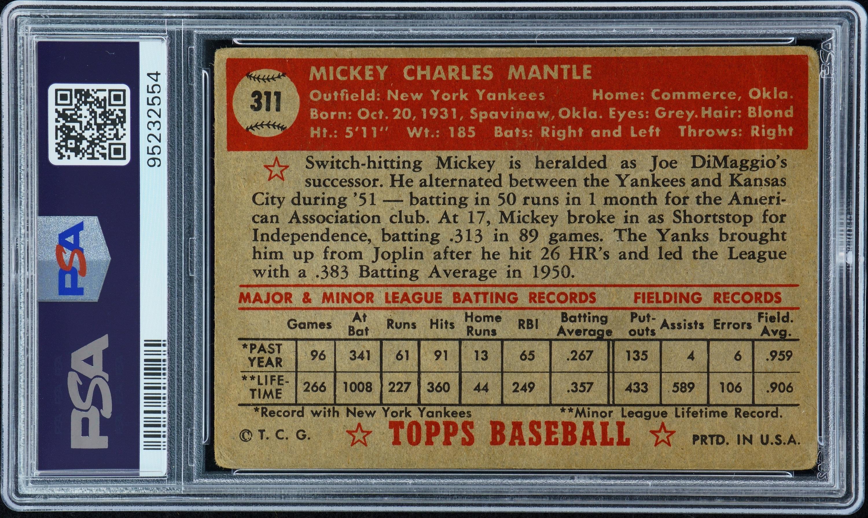 A 1952 Topps Mickey Mantle Rookie Baseball Card No. 311 (PSA 1 MK)