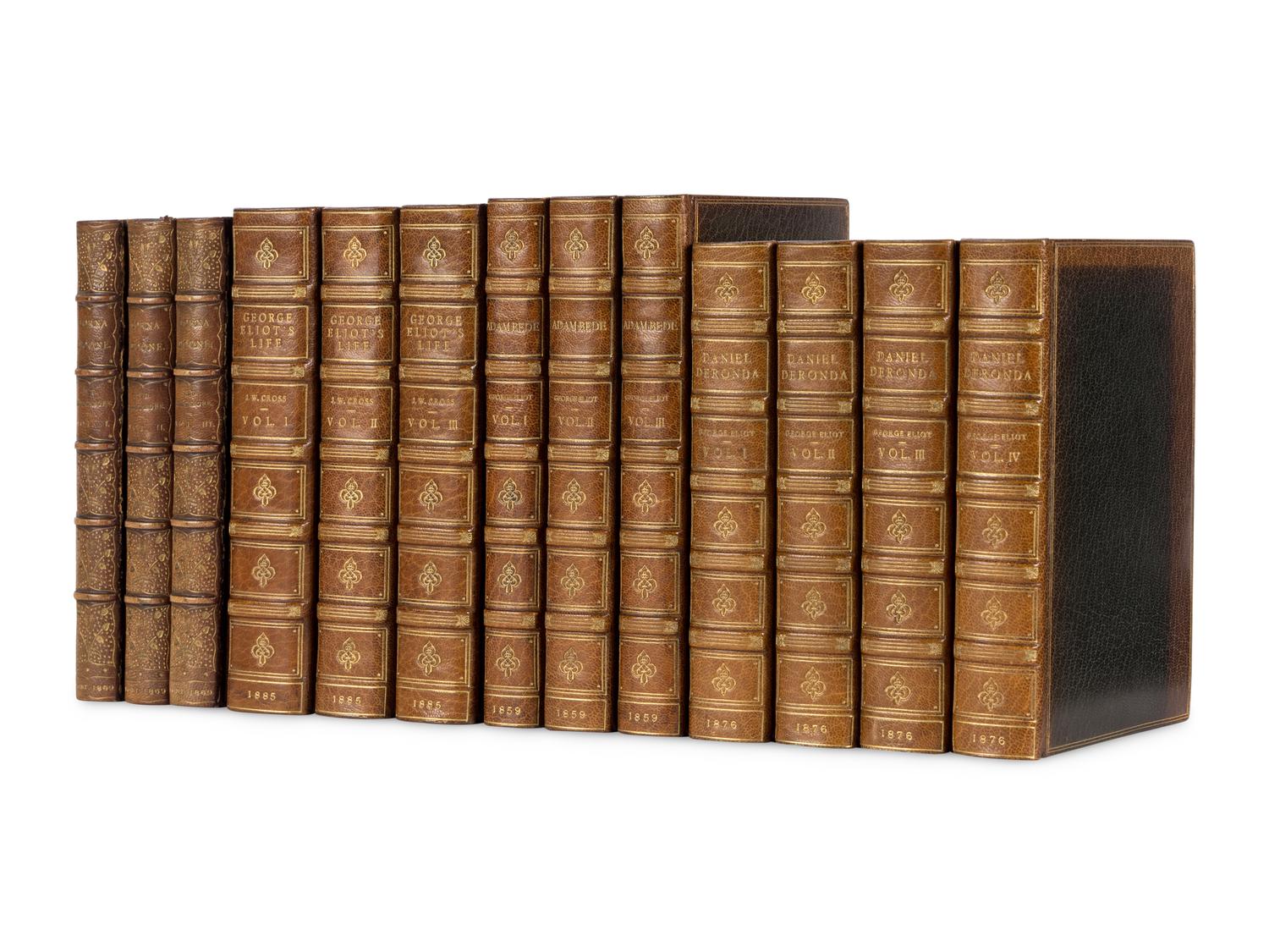 [BINDINGS]. ELIOT, George (1819-1880). Adam Bede . 3 volumes. -- Daniel Deronda . 4 volumes. -- CROSS, John Walter (1840-1924). George Eliot's Life as Related in her Letters and Journals . 3 volumes. Edinburgh and London: William Blackwood and Sons, 1859, 1876, 1885.