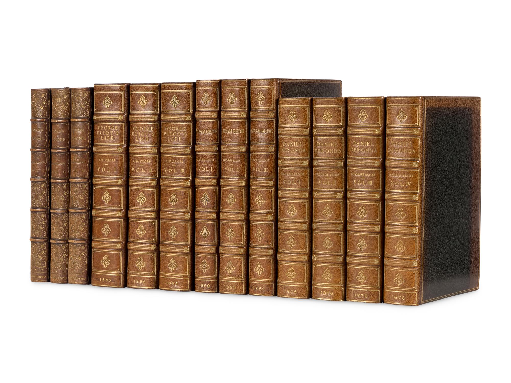 [BINDINGS]. ELIOT, George (1819-1880). Adam Bede . 3 volumes. -- Daniel Deronda . 4 volumes. -- CROSS, John Walter (1840-1924). George Eliot's Life as Related in her Letters and Journals . 3 volumes. Edinburgh and London: William Blackwood and Sons, 1859, 1876, 1885.
