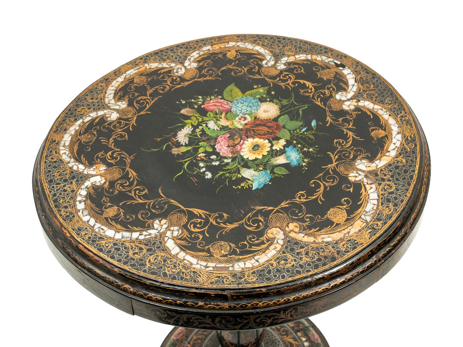 A Pair of Victorian Mother-of-Pearl Inlaid and Parcel Gilt Papier-Mâché Tilt-Top Tables