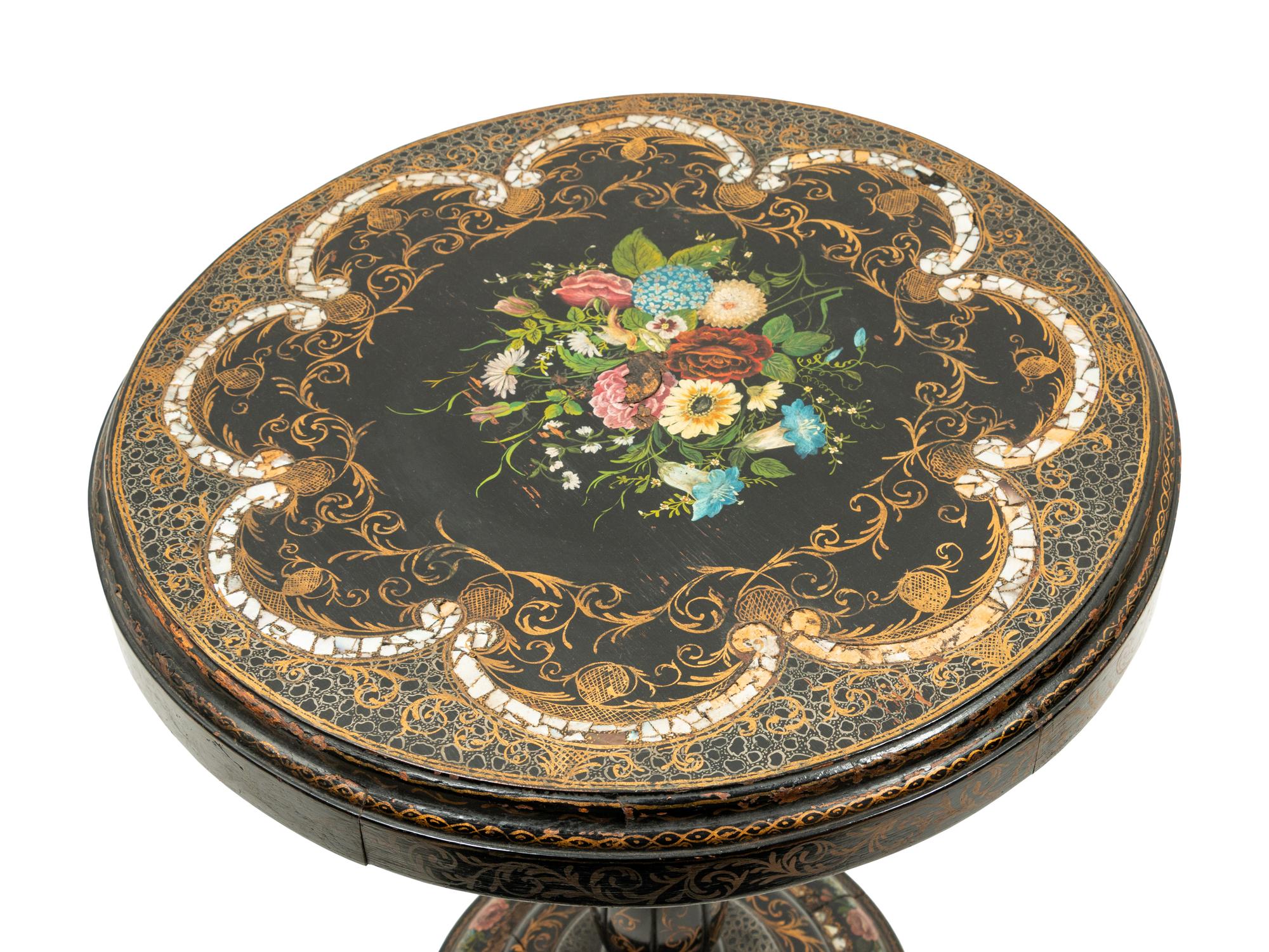 A Pair of Victorian Mother-of-Pearl Inlaid and Parcel Gilt Papier-Mâché Tilt-Top Tables
