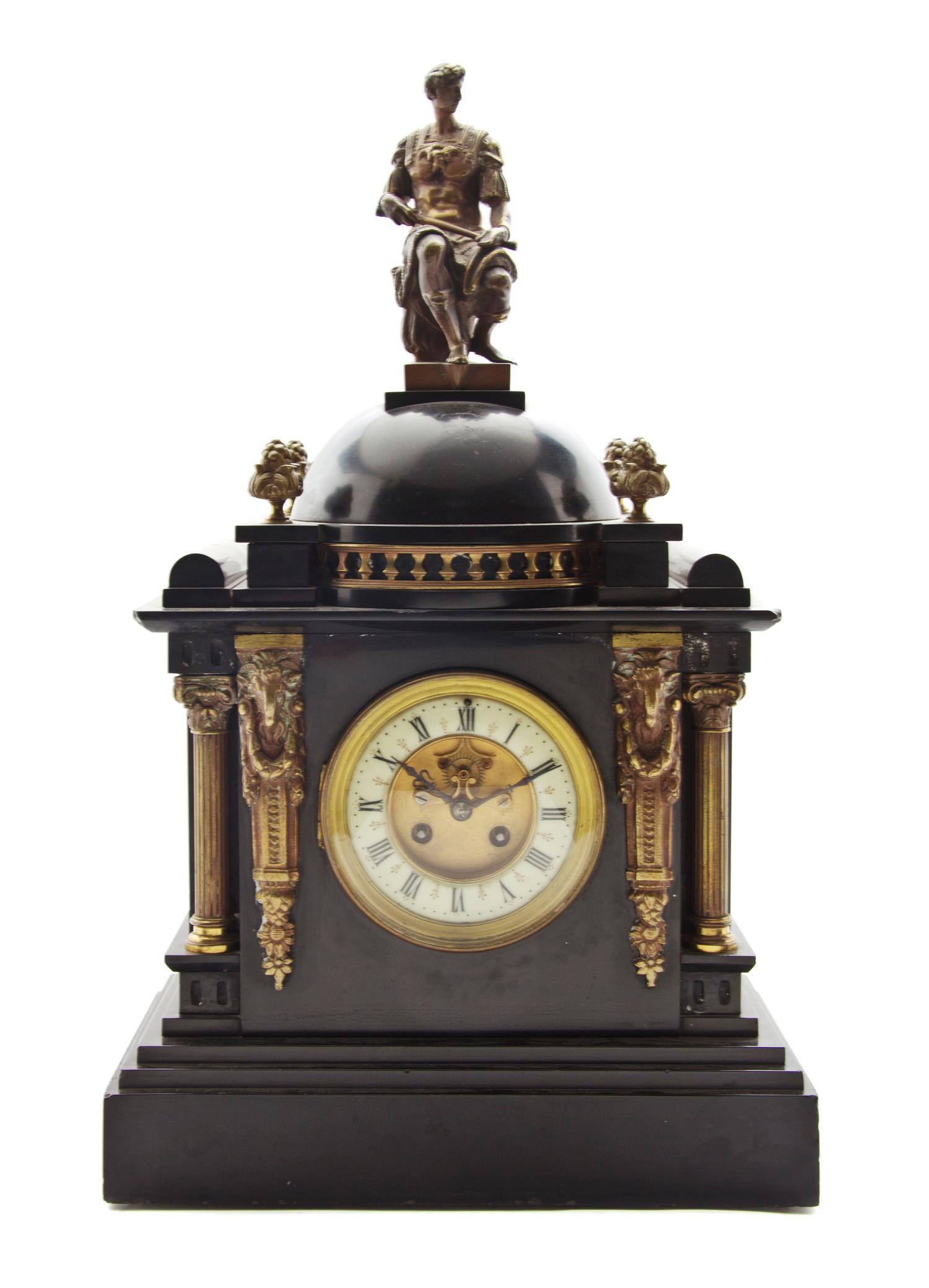 A French Slate and Gilt Bronze Mounted Mantel Clock, Height 21 1/2 inches.