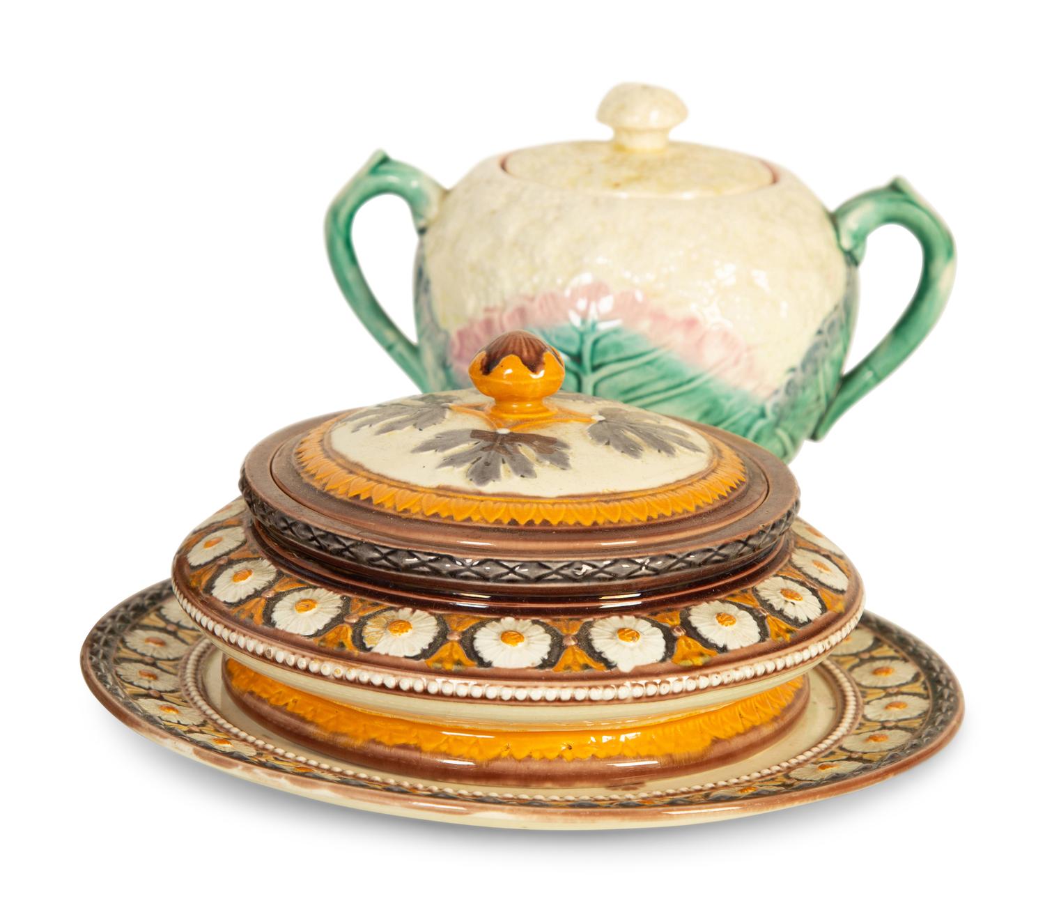 A Group of Seven Wedgwood Majolica Table Articles and a Hummingbird Sugar Bowl — 19th Century