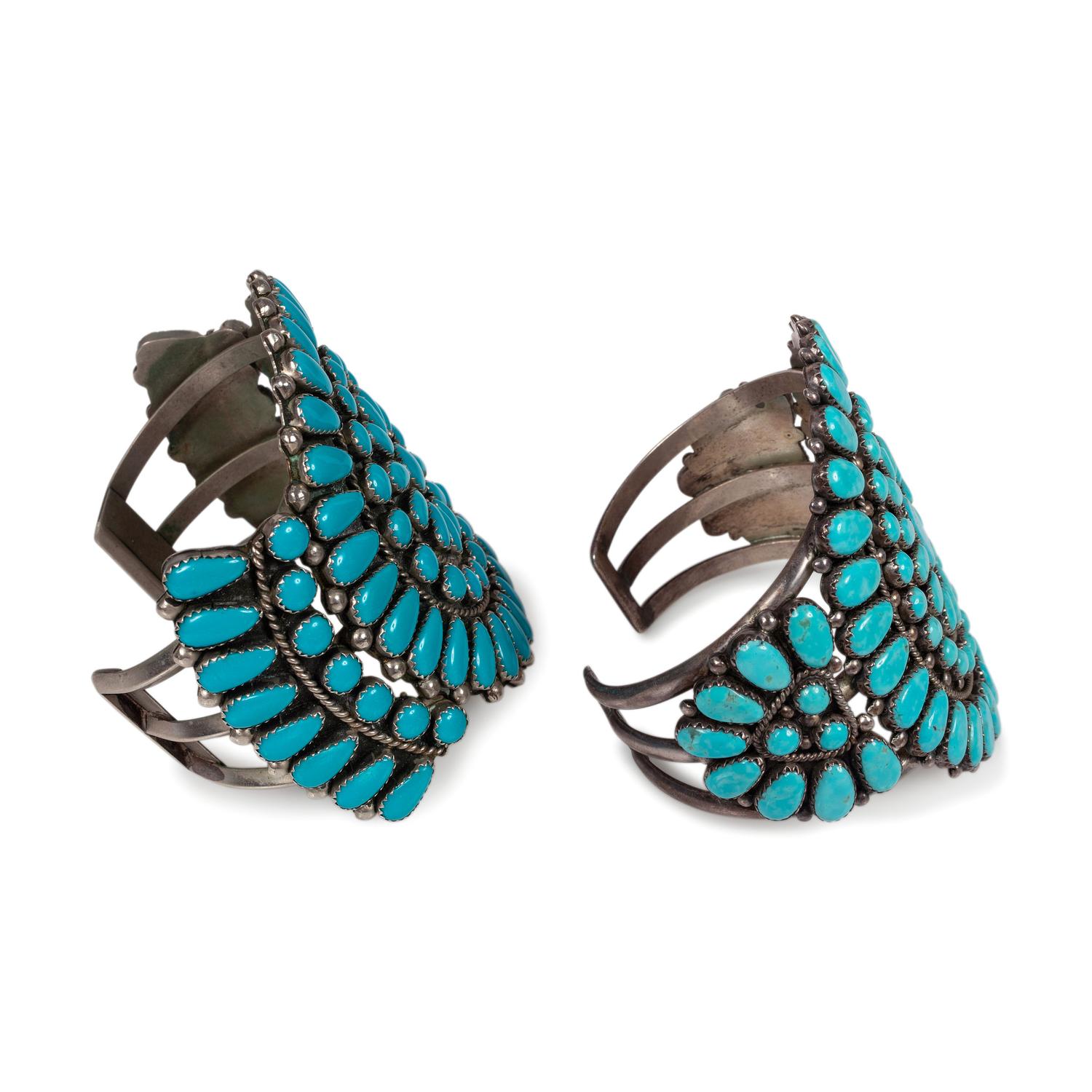 Pair of Navajo Silver and Turquoise Cluster Cuff Bracelets