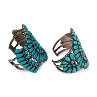 Pair of Navajo Silver and Turquoise Cluster Cuff Bracelets