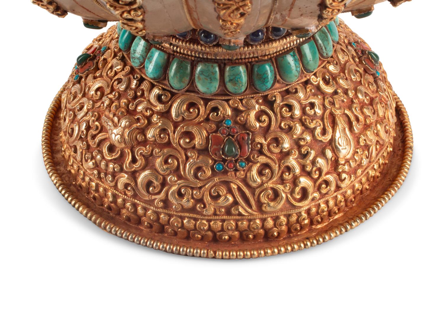 A Large Tibetan Style Jeweled Filigree-Mounted Rock Crystal Bowl and Cover