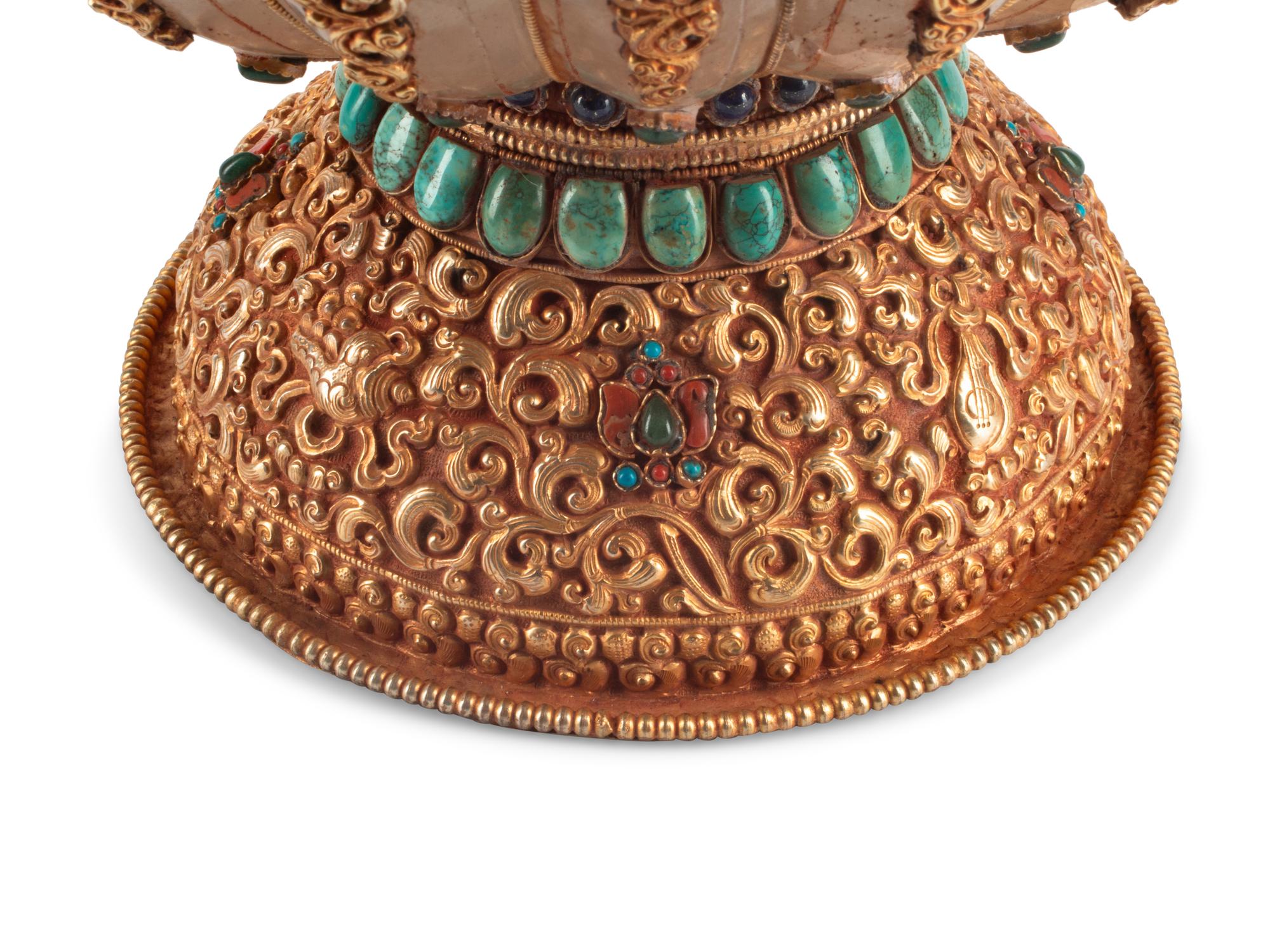 A Large Tibetan Style Jeweled Filigree-Mounted Rock Crystal Bowl and Cover