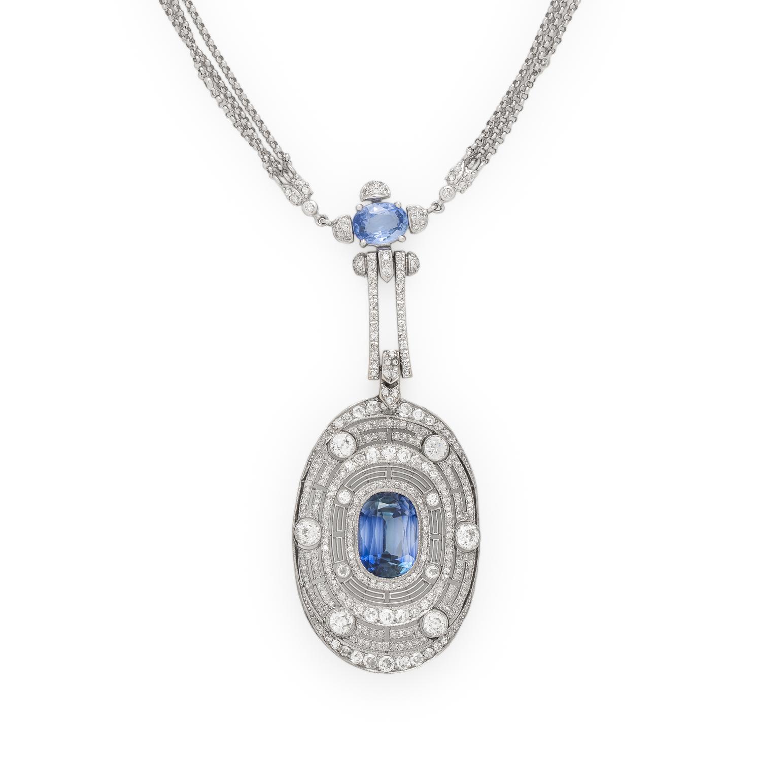 Synthetic Sapphire and Diamond Pendant Necklace