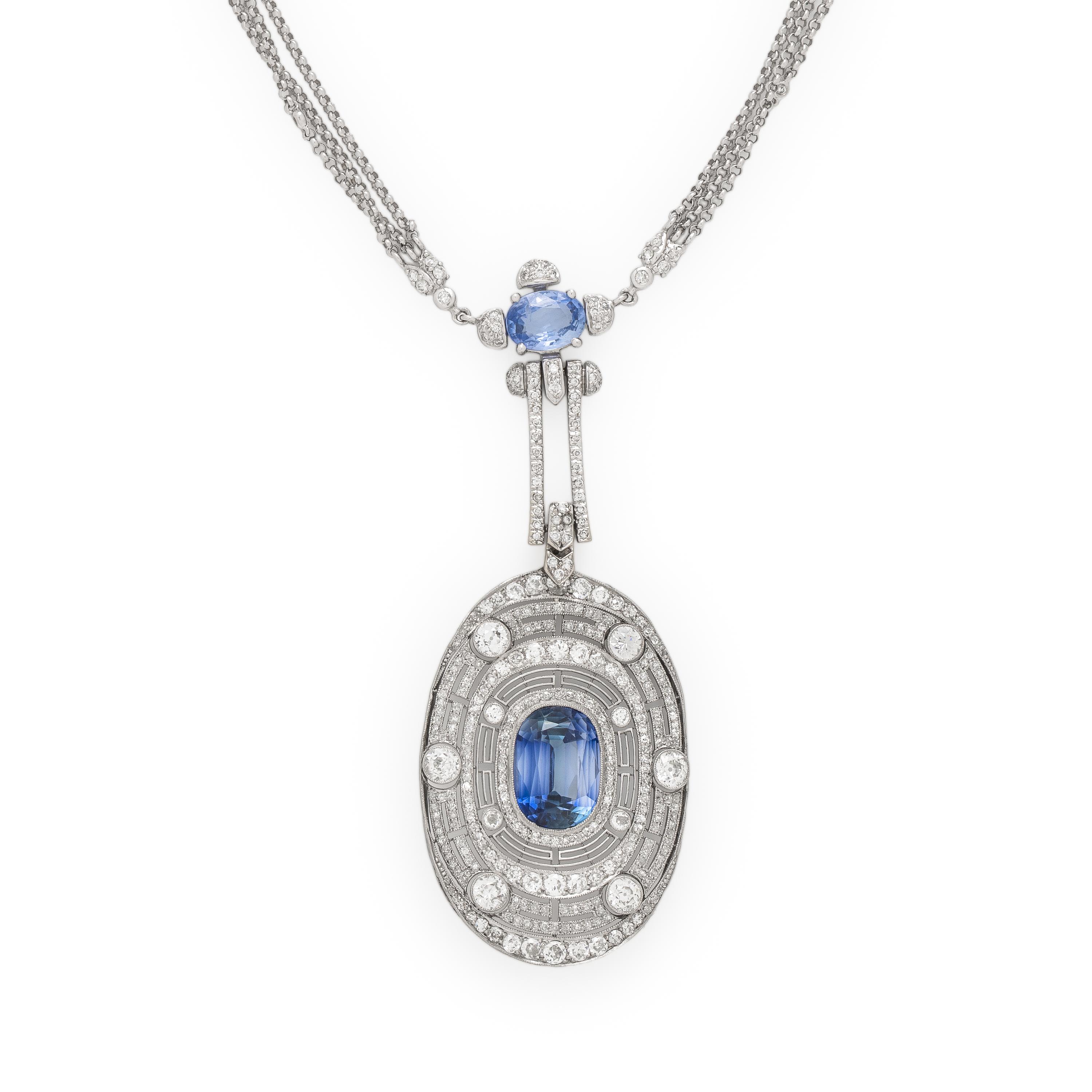 Synthetic Sapphire and Diamond Pendant Necklace