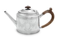 A George III Silver Teapot, Hester Bateman, London, 1783, of oval form, having a tapering spout and a scrolled wood handle, worked to s