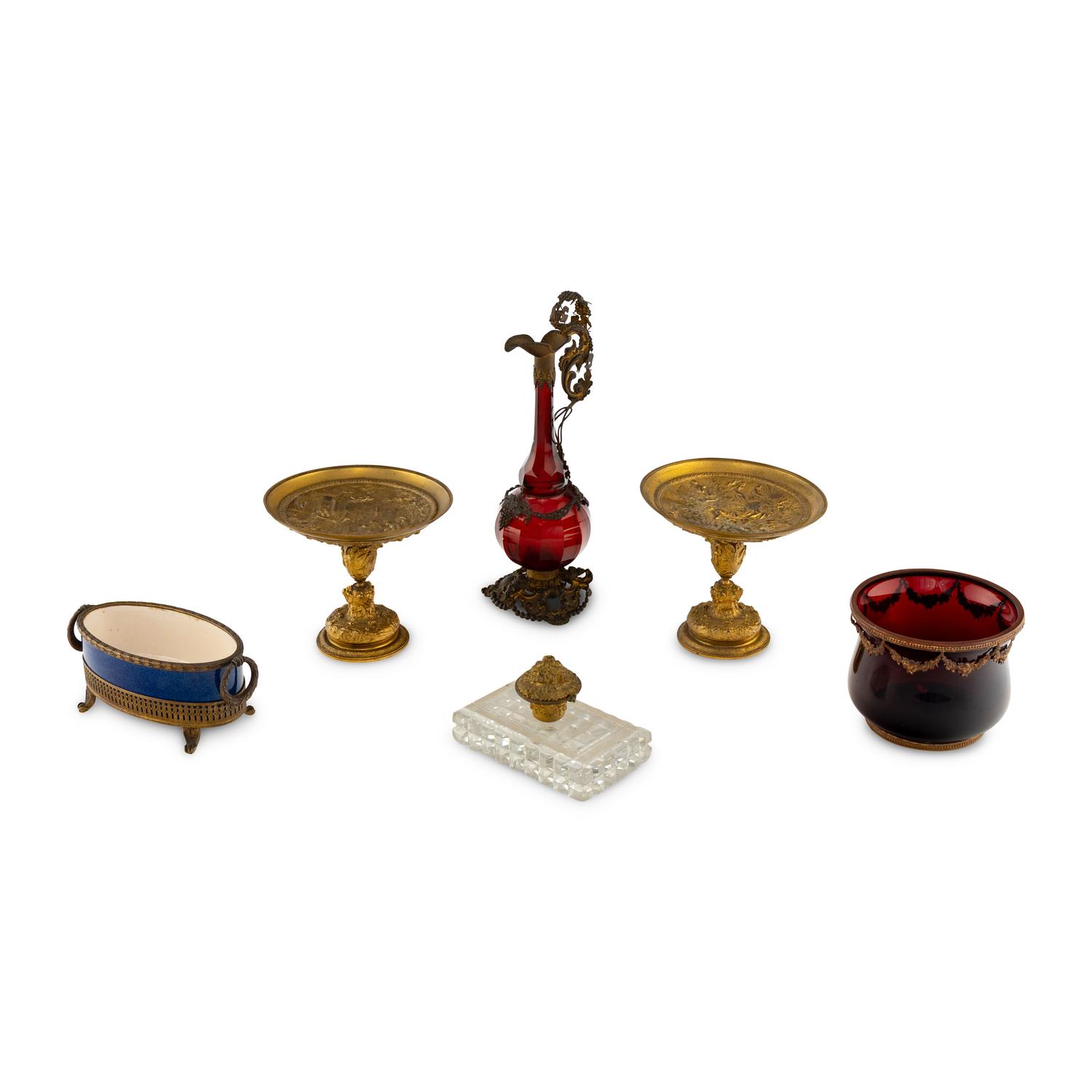 A Group of Continental Gilt Metal, Porcelain and Glass Table Articles