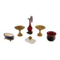 A Group of Continental Gilt Metal, Porcelain and Glass Table Articles