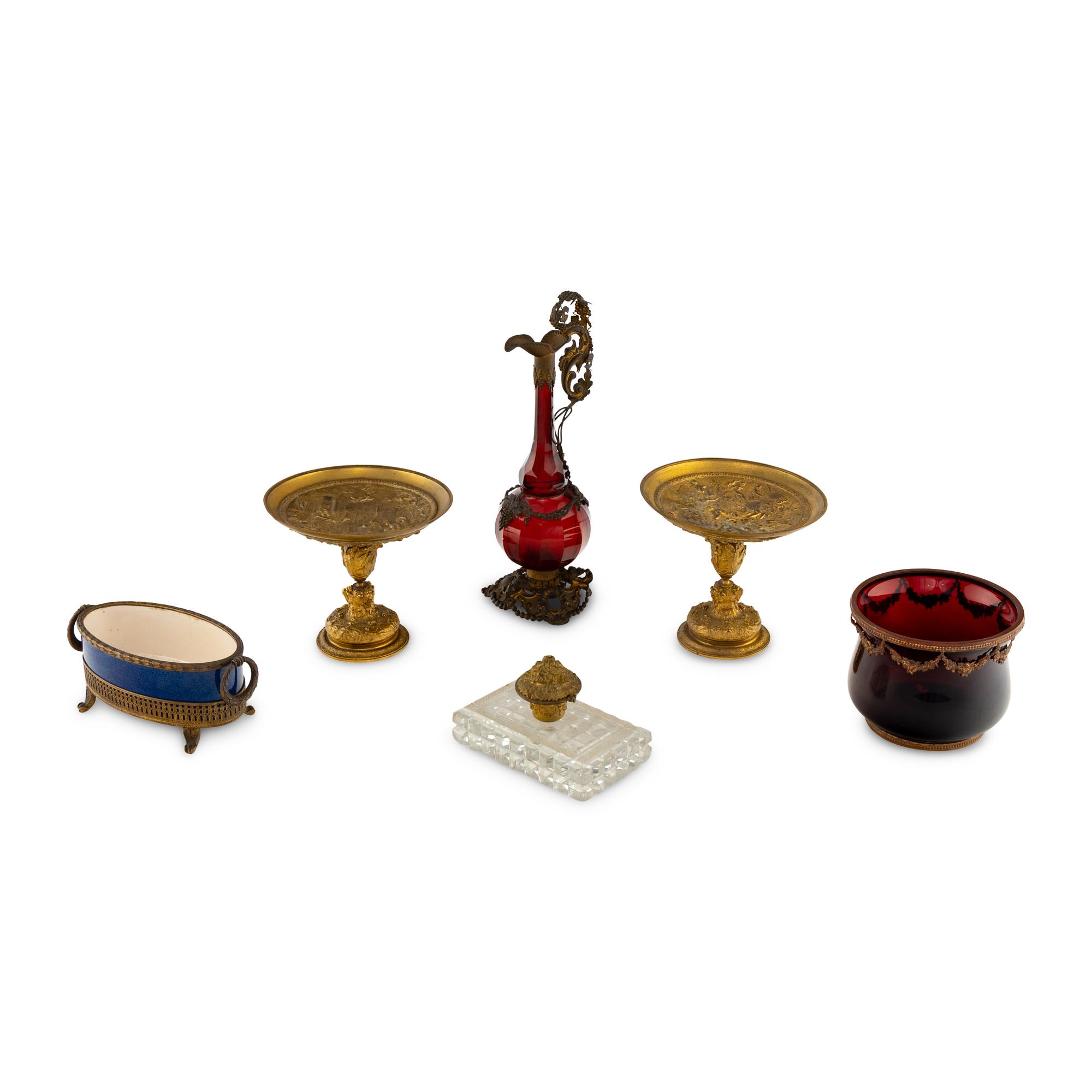 A Group of Continental Gilt Metal, Porcelain and Glass Table Articles