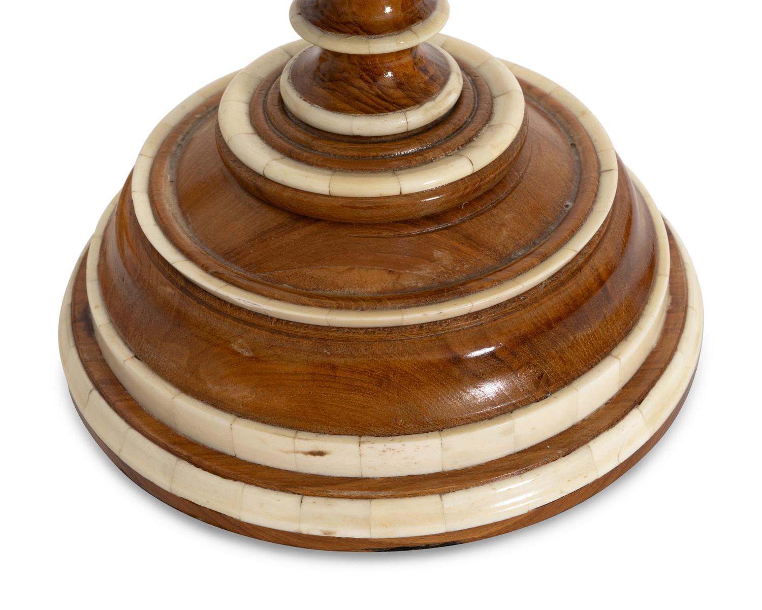 A Pair of Large Bone-Mounted Fruitwood Hurricane Candlesticks