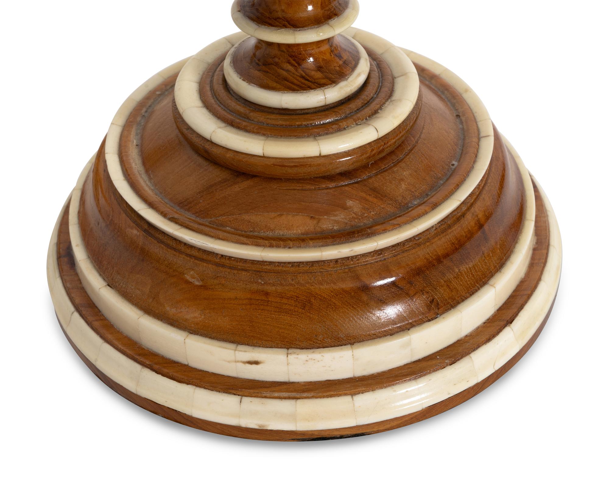 A Pair of Large Bone-Mounted Fruitwood Hurricane Candlesticks