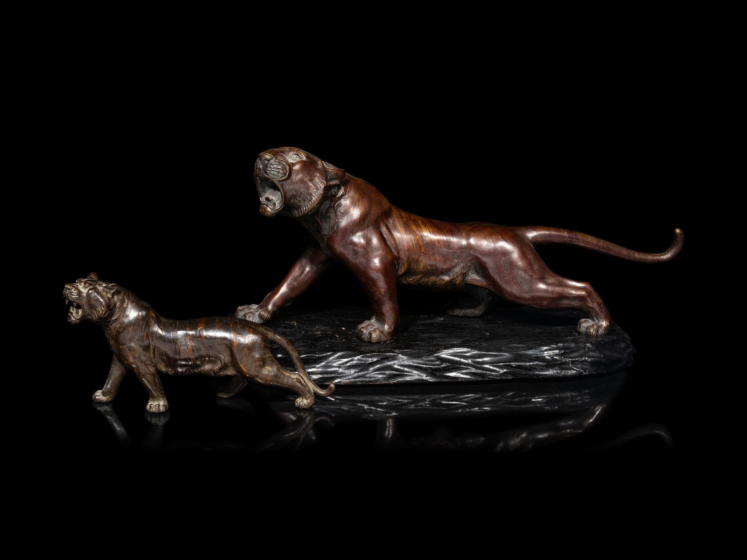 Two Japanese Bronze Okimono of Tigers