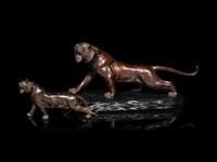 Two Japanese Bronze Okimono of Tigers