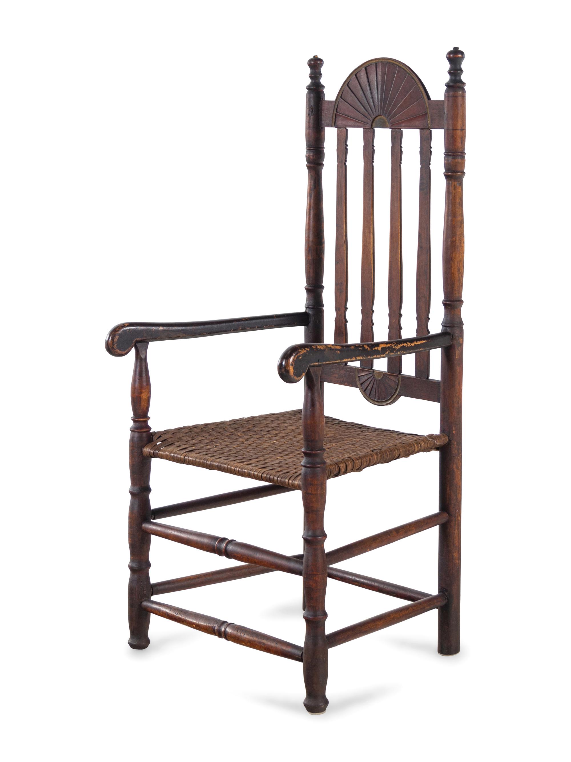 A William and Mary Style Red and Gilt Paint Decorated Bannister Back Woven Splint Seat Armchair