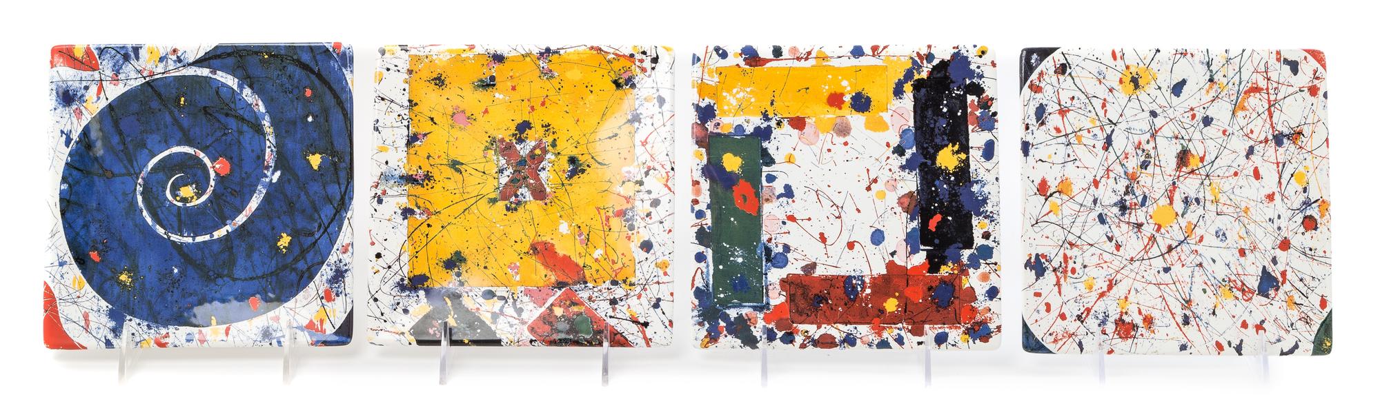 After Sam Francis, (American, 1923-1994), the complete set of four ceramic plates in colors, c. 2000