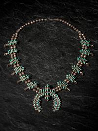 Zuni Silver and Petit Point Turquoise Cluster Squash Blossom Necklace