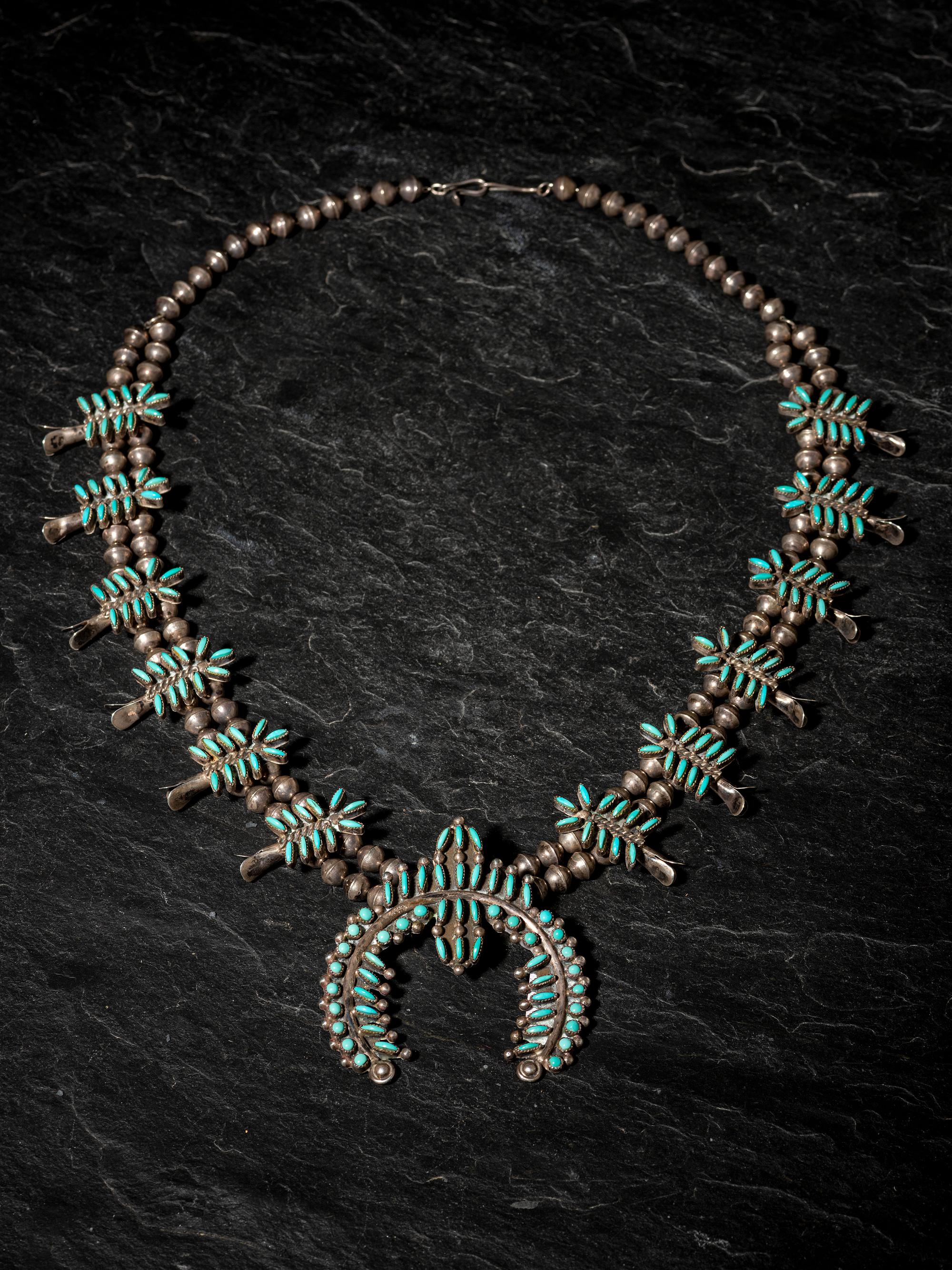 Zuni Silver and Petit Point Turquoise Cluster Squash Blossom Necklace