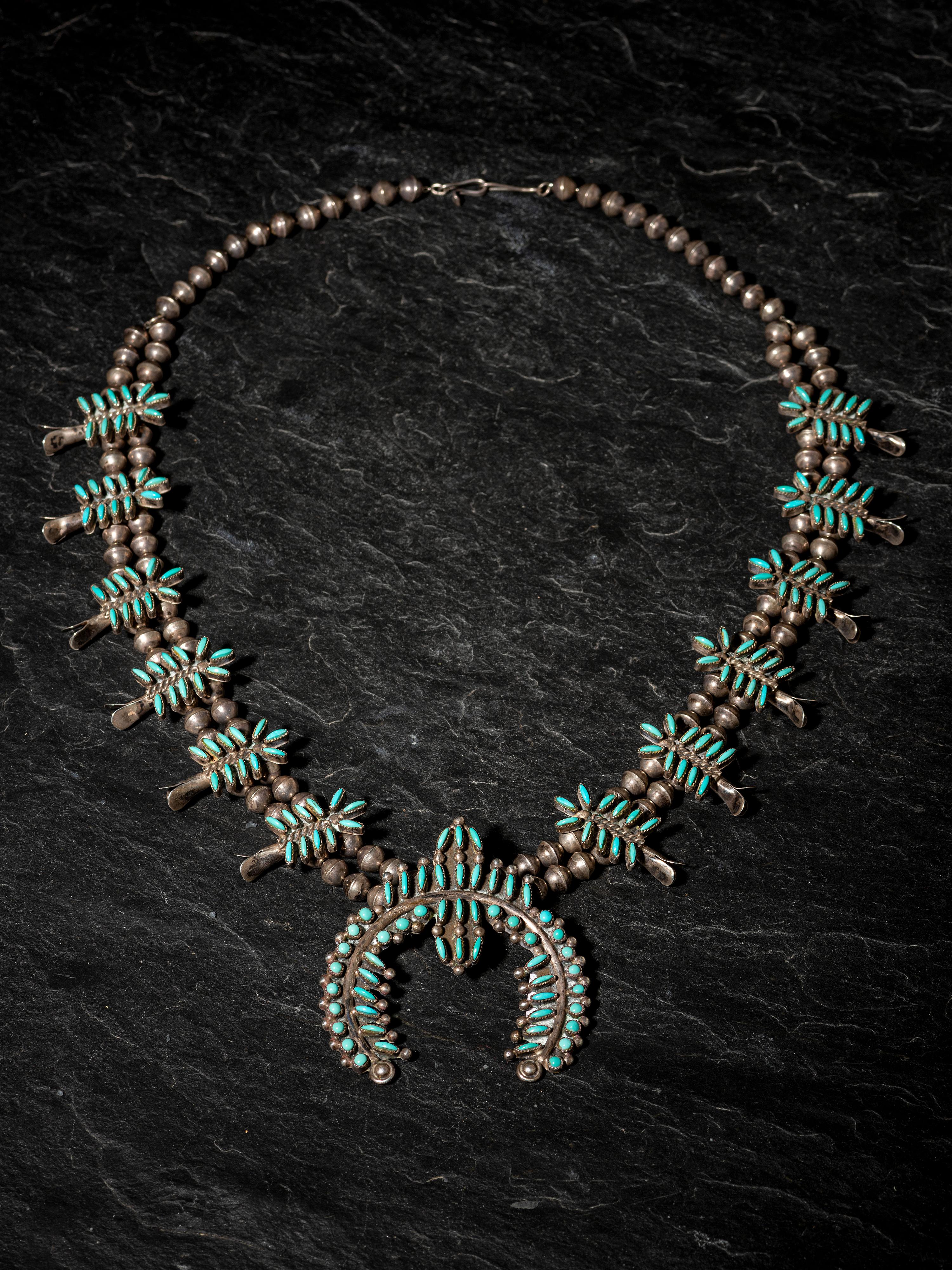 Zuni Silver and Petit Point Turquoise Cluster Squash Blossom Necklace